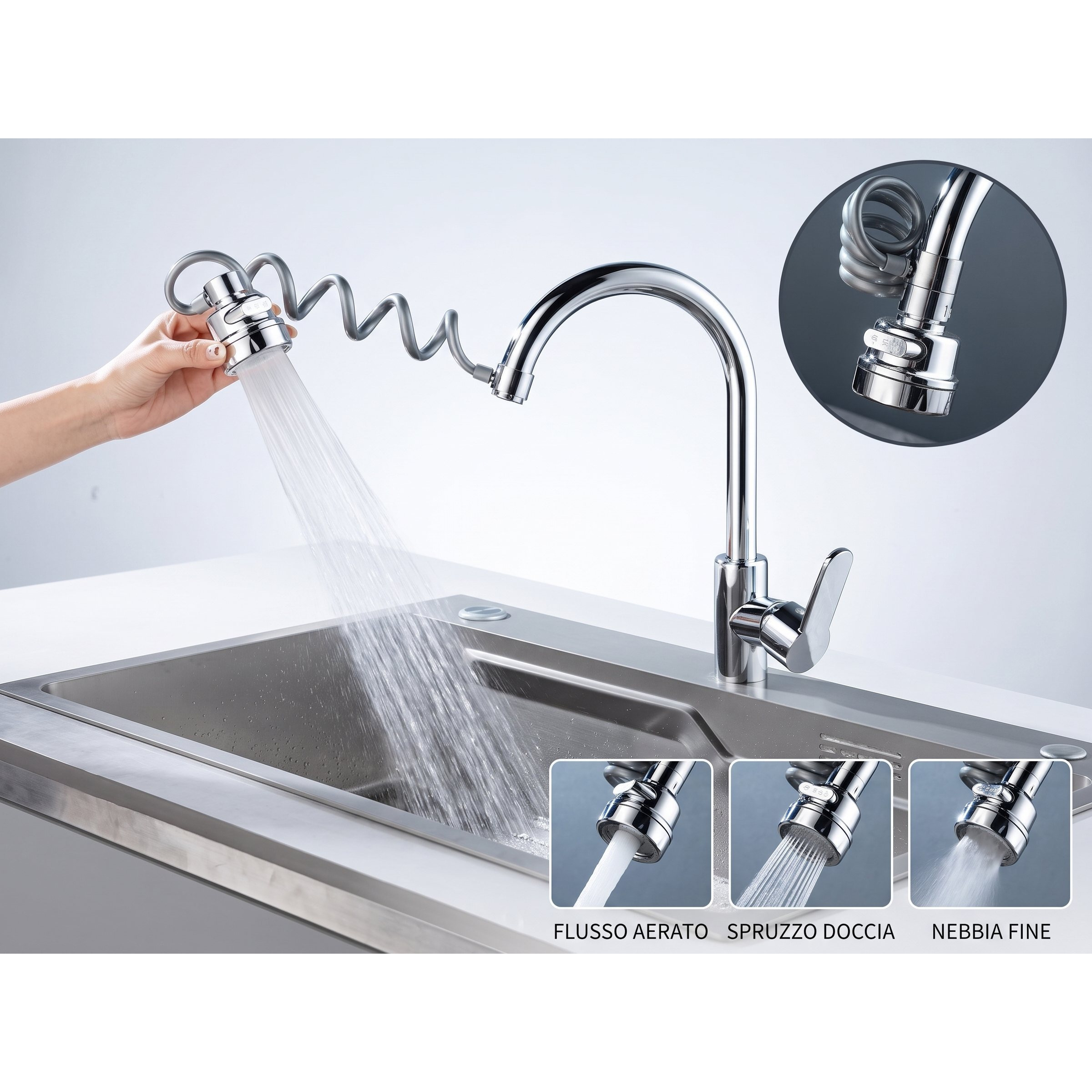 TEMU Doccetta Aeratore Flessibile per Rubinetto da Lavello con Tubo Estensibile, Rotazione a 360簞 e 3 Modalit� di , Accessorio Spruzzatore per Cucina