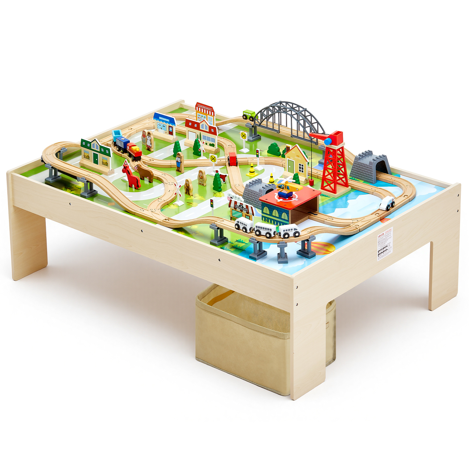 Image of Vevor Train Table, 120 Multicolor Pieces Wooden Kids Activity Table With Collapsible Storage Bin, 3-in-1 Wooden Train Set For Gaming, Drawing, Reading, Eating, Creative Toy Set For Kids Ages 3+