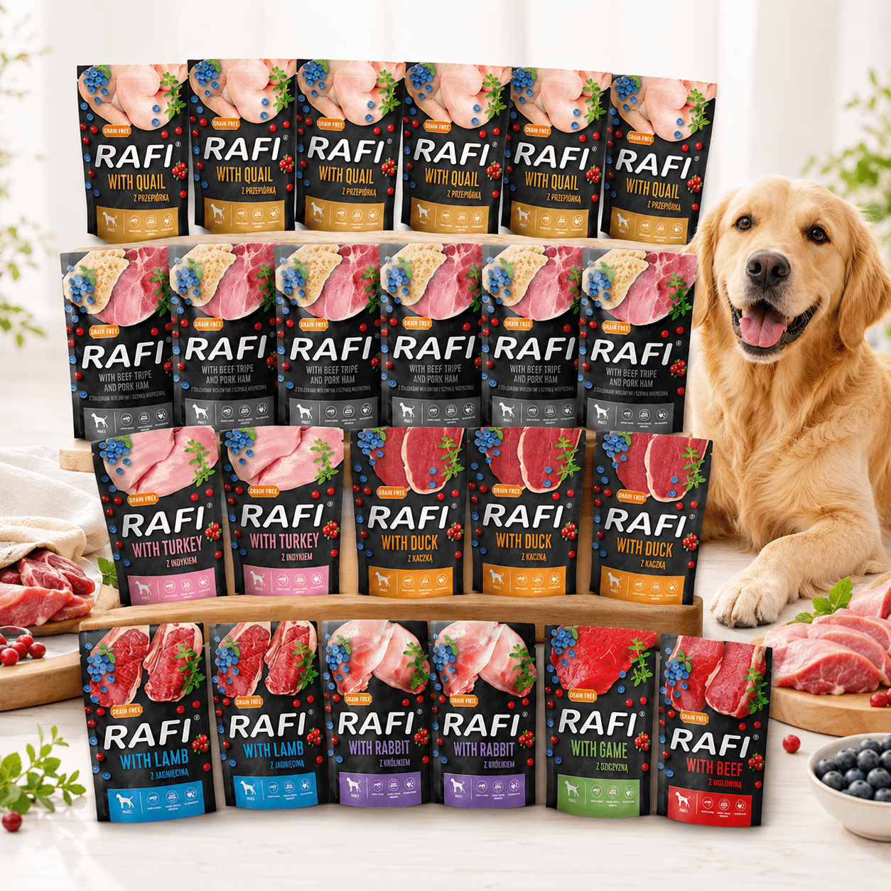 Rafi Noteci Food 24x500g Mix Flavors Set: Turkey, Duck, Quail, Tripe, Lamb, Rabbit, Game, Beef