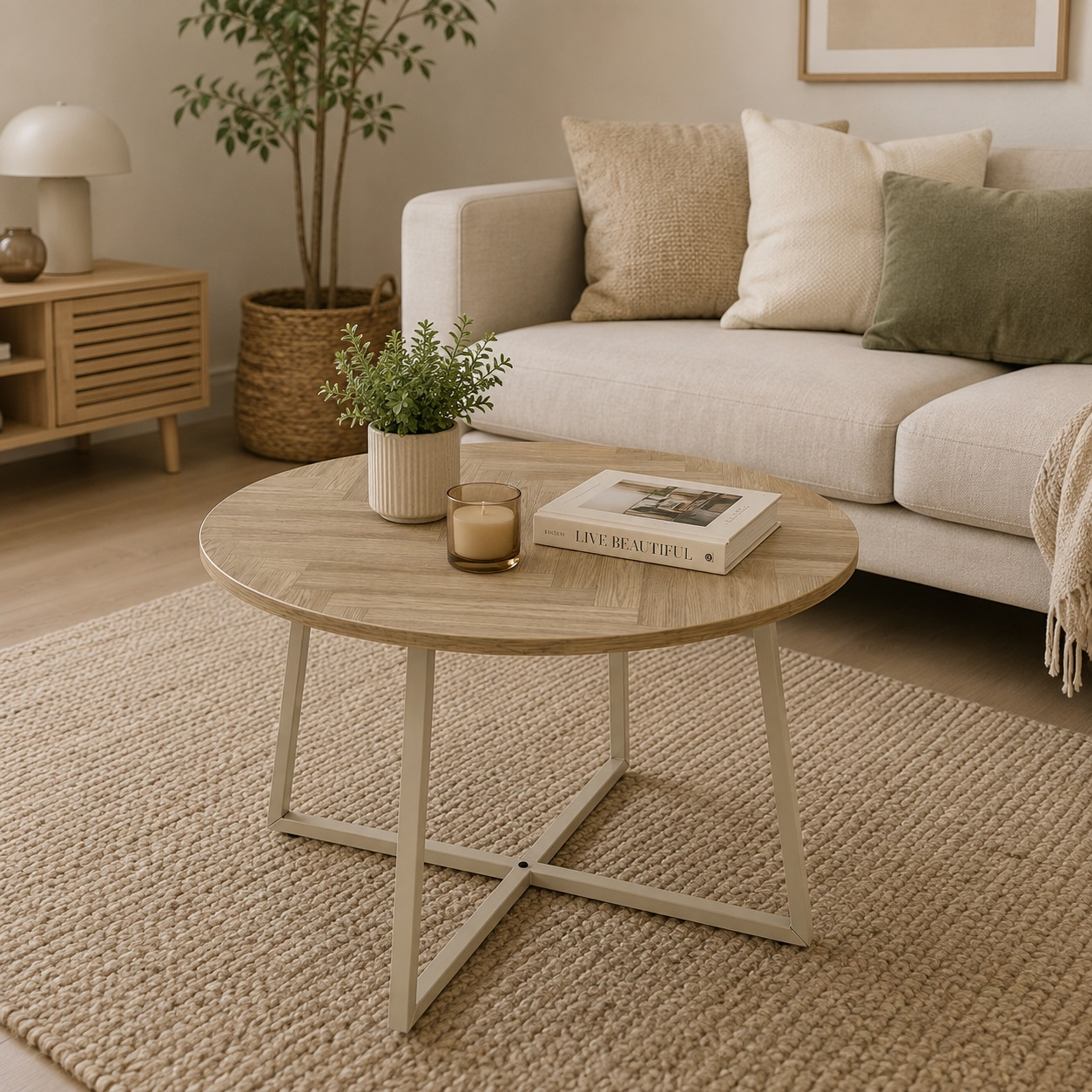 Image of Auxiliary Round Table 60 Cm Wood Effect And Metal Beige | Modern Center Table For Living Room And Bedroom