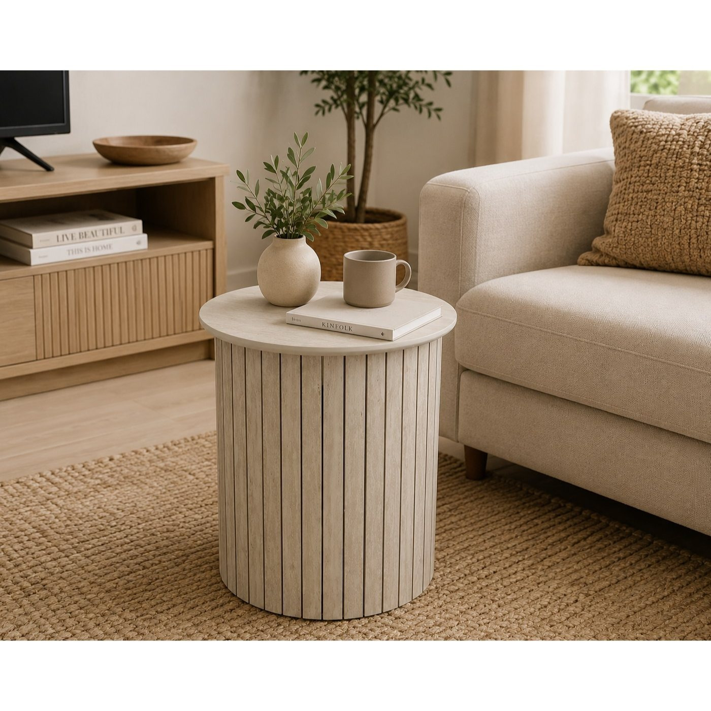 Image of Round Cylindrical Wooden Auxiliary Table 40x40x50 Cm For Living Room And Bedroom