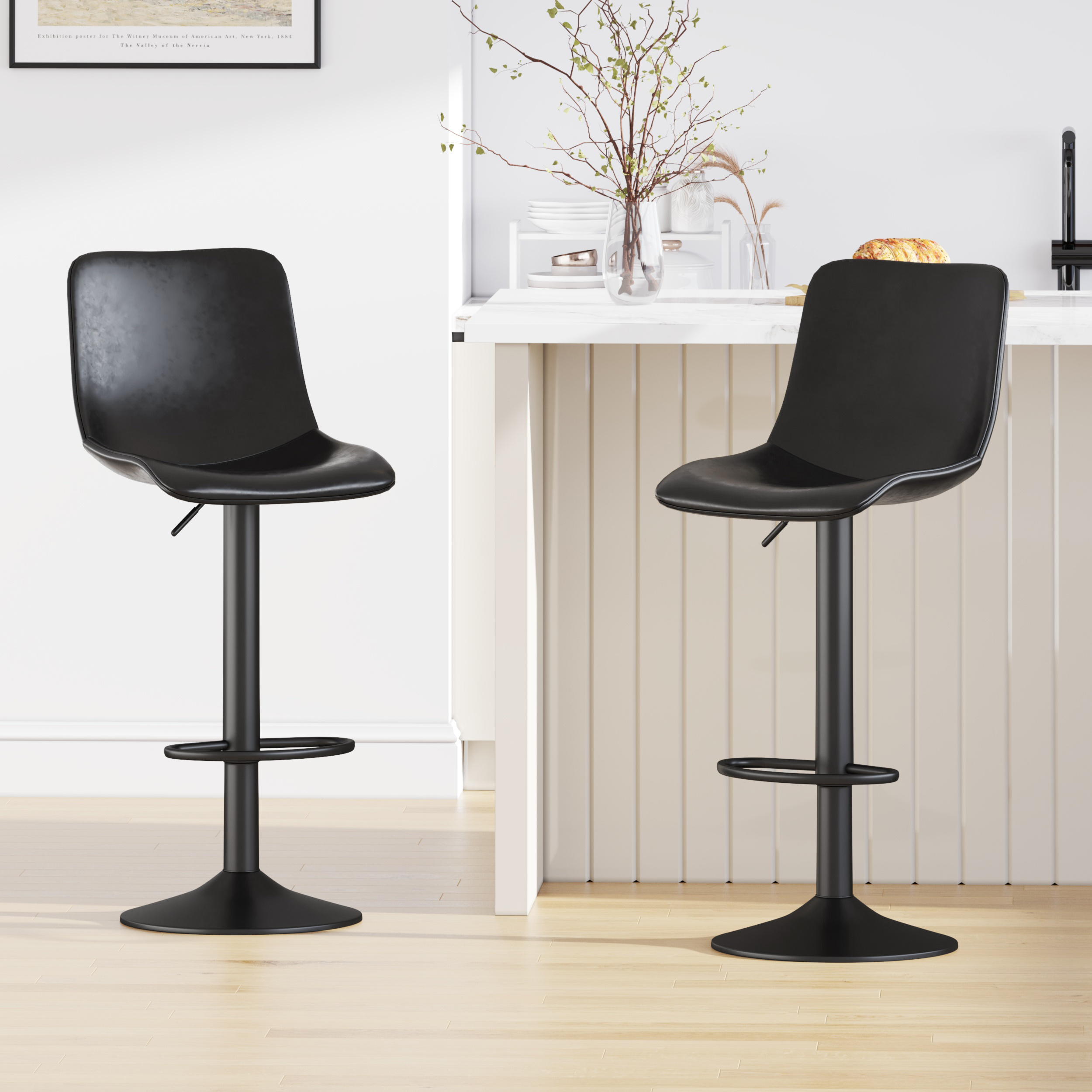 Set Of 2 Bar Stools, Height-adjustable Swivel Stools, Table Stools With Backrest, Leather Seat, Footrest, And Metal Base For Home, Kitchen, And Restaurant - Stefan