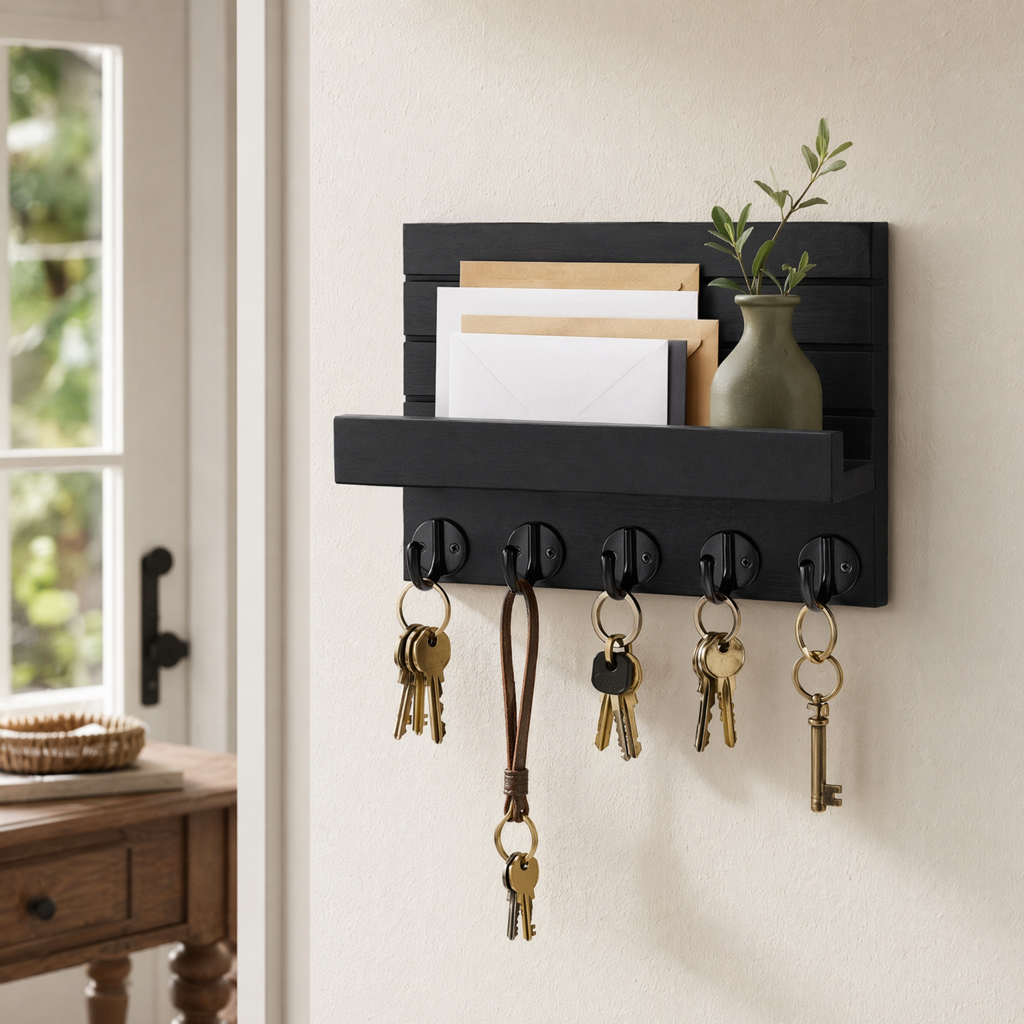 Image of Black Wooden Key Rack With Shelf & 5 Hooks, Decorative Wall Mount Key Holder For Entrance Hallway Bedroom Living Room
