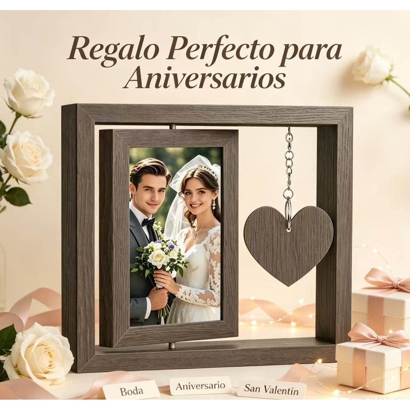 TEMU Marco de Fotos Giratorio de Madera para y Aniversarios, Regalo Romántico para con Diseño Elegante y Decoración .