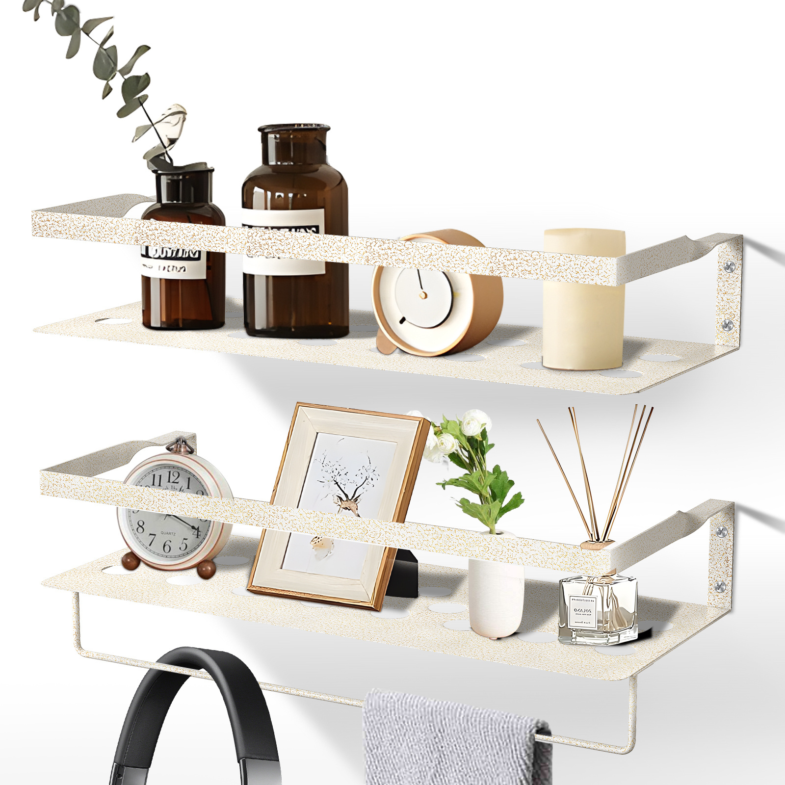 Image of Floating Shelf Set Of 2, Metal Wall Shelf 40cm With Towel Holder, For Living Room, Kitchen, Study, Bathroom
