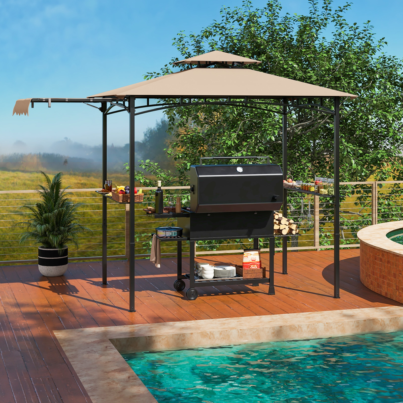 Outdoor Grill Gazebo With Side Awning, 10 X 5 Ft Bbq Shelter Featuring 2 Side Shelves, Hanging Hooks & Bottle Opener, Dual-layer Canopy For Backyard, Patio, Garden, Deck