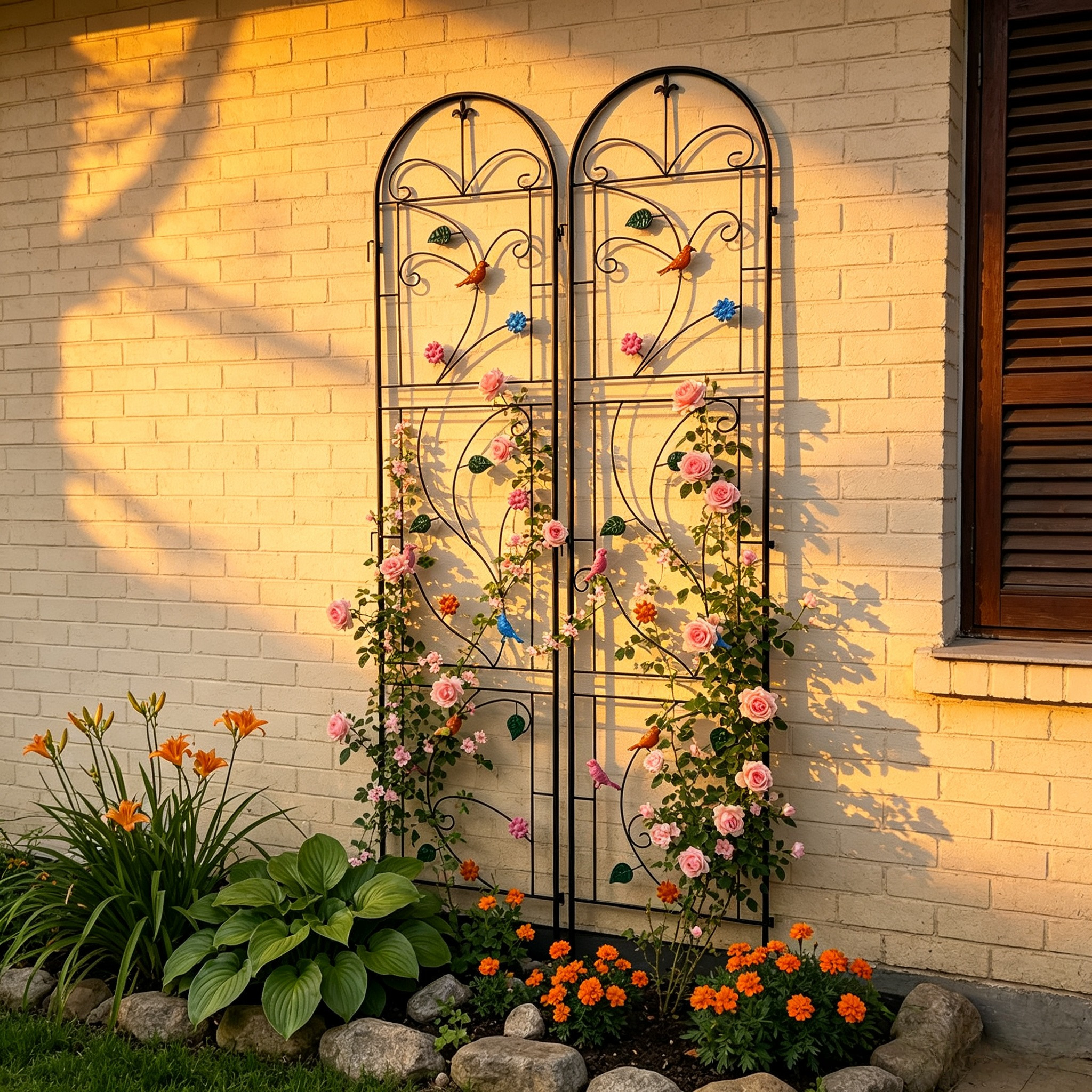 TEMU 4er-Set Metall Garten Rankgitter 97,5x214cm, Wetterfeste Rostfreie Kletterpflanzenstütze mit Leuchtendem Vogel- & Blumendesign, Tiefen Erdanker