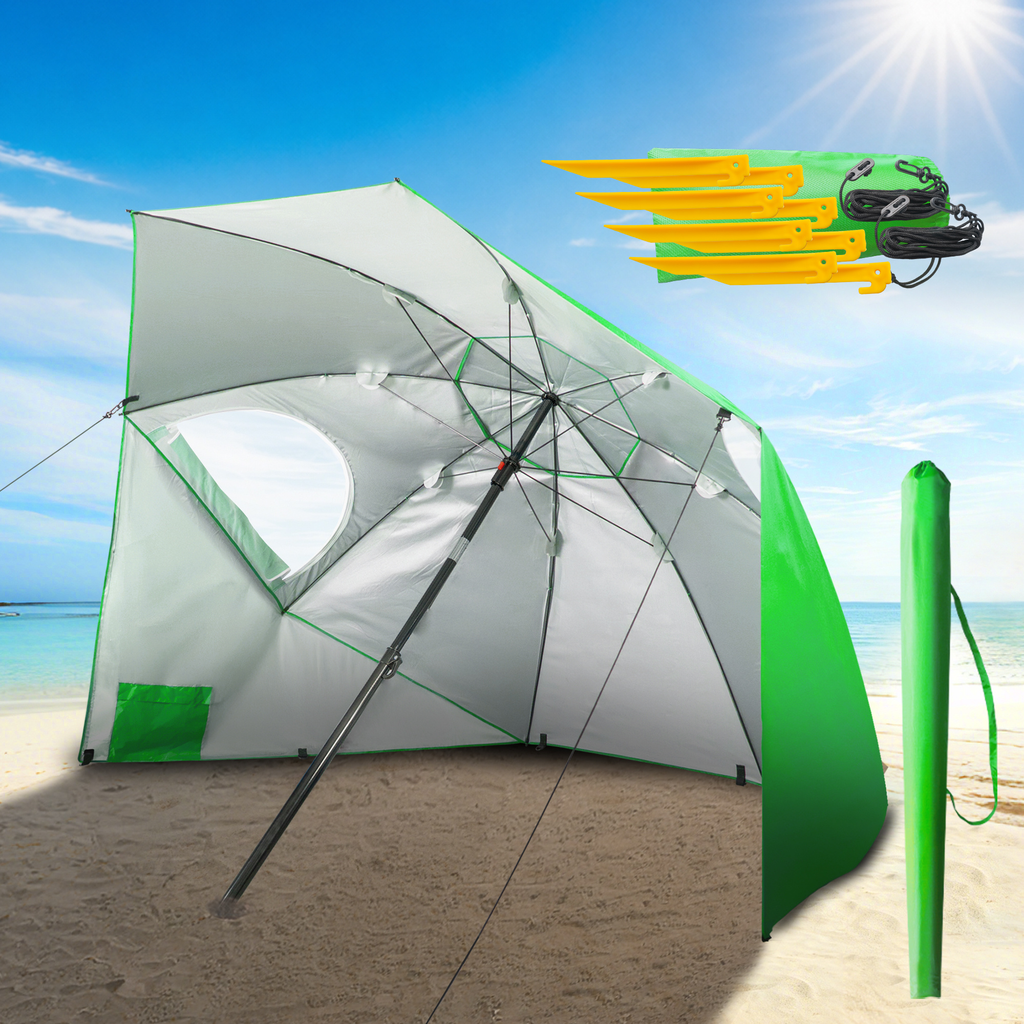 Beach Shelter Sun Umbrella Ø220 Cm With – Wind-resistant Beach Umbrella With Ground Stakes, Safety Ropes, And Zippered Windows, In Blue, Green, And Turquoise