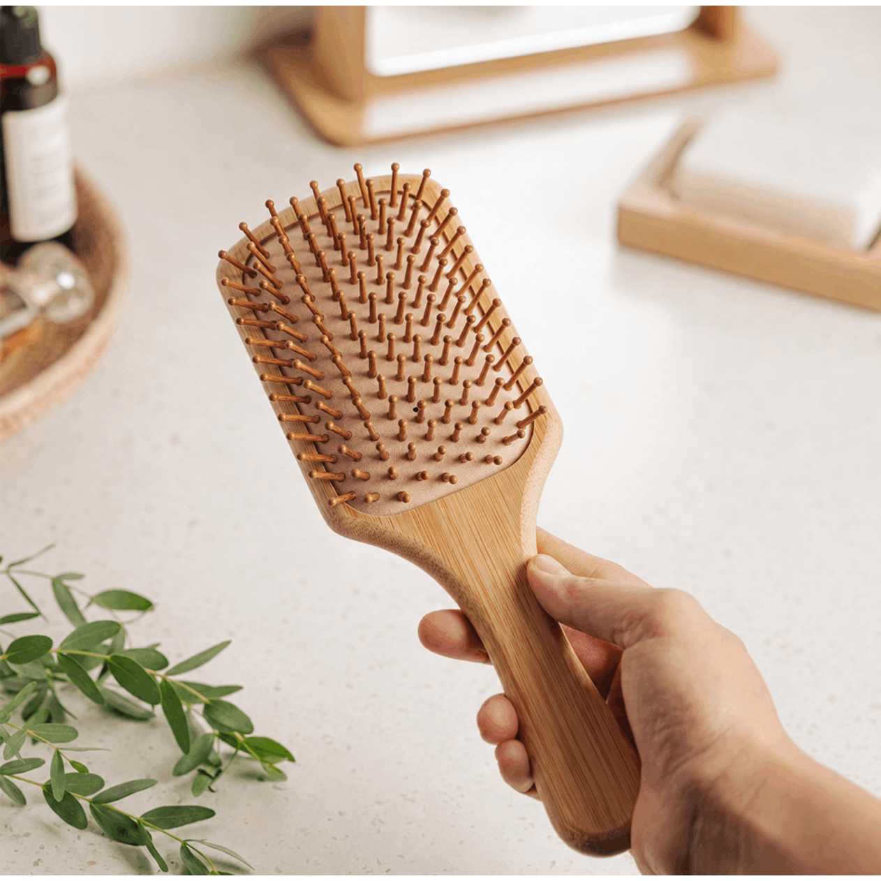TEMU 1pc Wooden Paddle Hair Brush, Wooden Detangling Hair Brush, Scalp Massage Hairbrush For Hair, Cushion Hair Brush For Straight Wavy Curly Thick