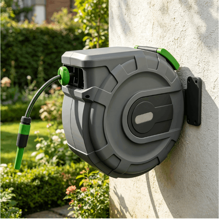 TEMU HOME Carrete Enrollable Automático con Manguera de Jardín 15 m / 20 /2" ( Ø1,27 cm ) - Soporte de Pared Giratorio 180°, Accesorios para Grifo y