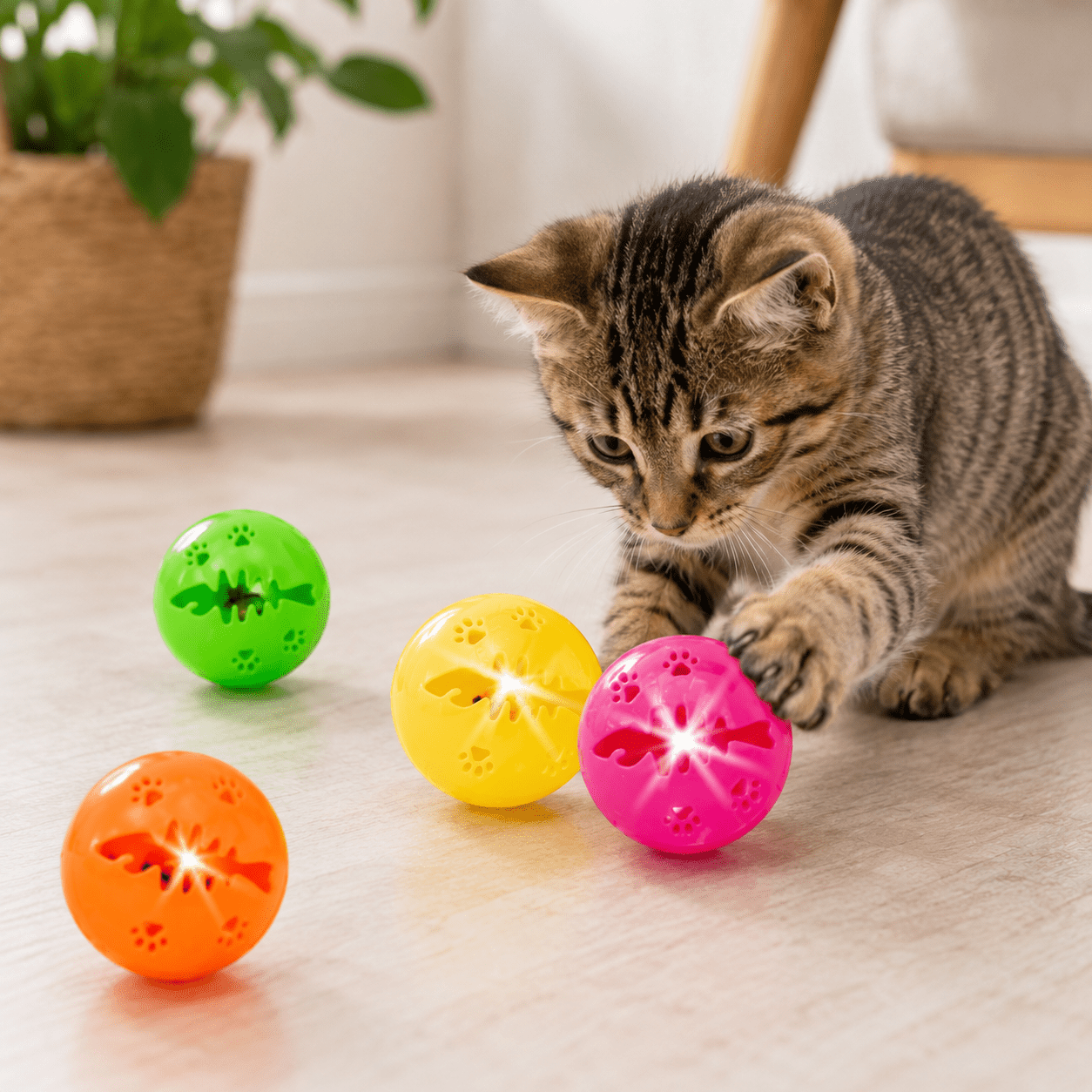 4 Pack Flashing and Jingling Cat Play Balls, Interactive Toy Set
