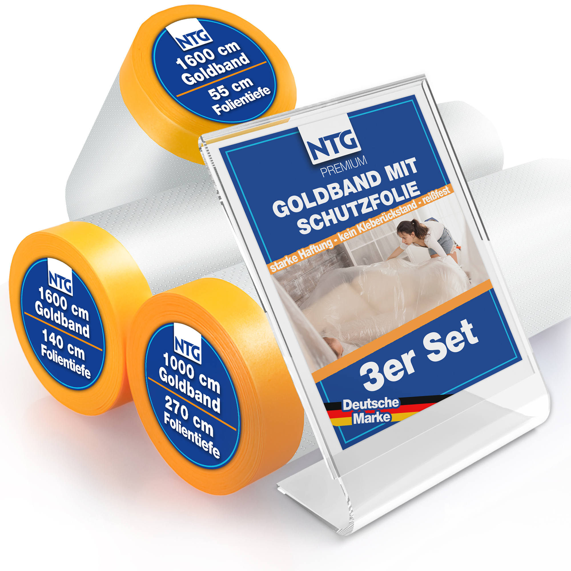 Image of 42m Cover Film With Adhesive Tape – 3-piece Set (55cm, 140cm & 270cm) Painter' Wrap, Gold Tape, Masking Tape For Dust & Splatter Protection For Renovations, Painting Jobs & More