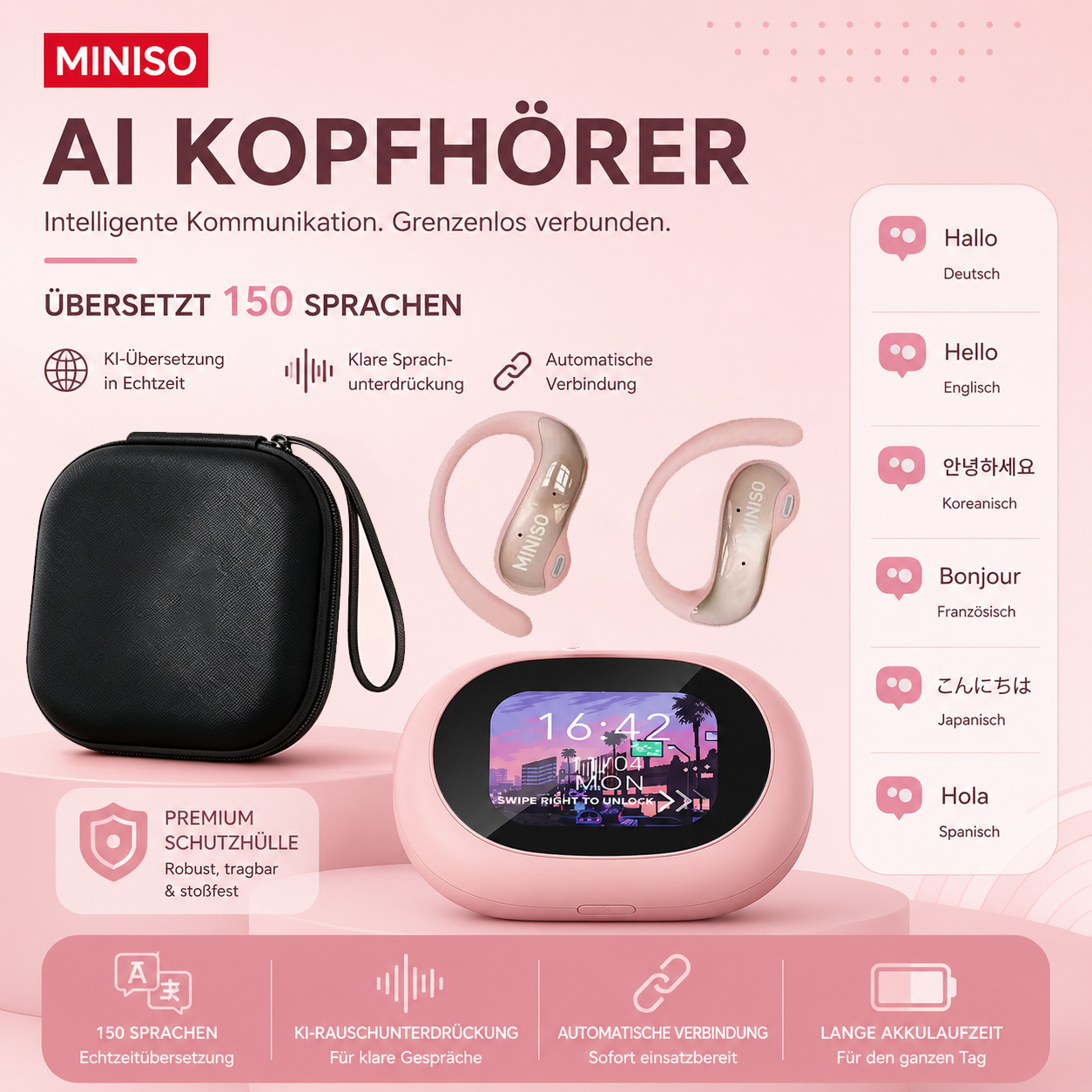 TEMU Miniso Ms188 New Ai Intelligent Translation Wireless Bluetooth Headphones, Headset Box, Led Touchscreen + Portable Receiver Headphone Case