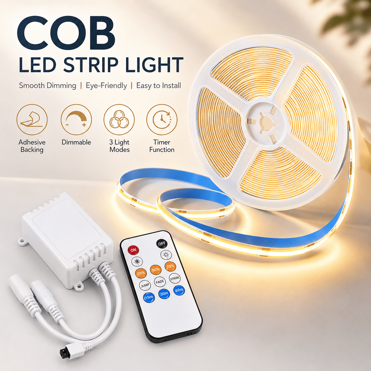2m/10m/30m Cob Led Strip Light With Adapter, App And Remote Control, Brightness Change, 4 Light , Timer Function For Bedroom, Living Rooms, Ceiling Decoration
