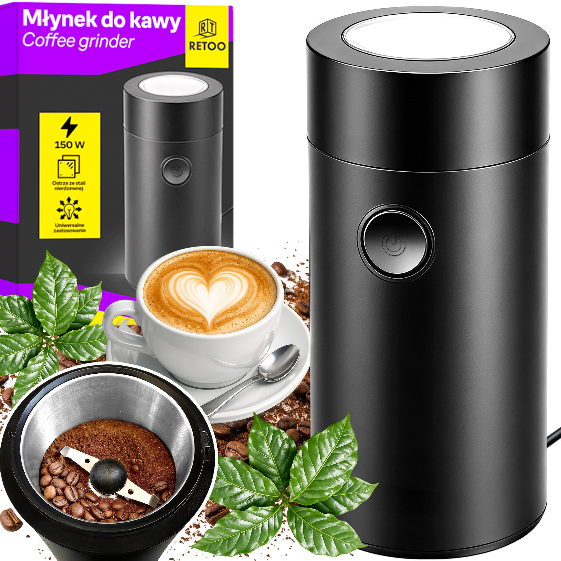 Electric Coffee Grinder 150w For Grinding Grains, Spices, Sugar, Nuts And Cereals, 50g Capacity, Stainless Steel Blade, Lid Lock, Black