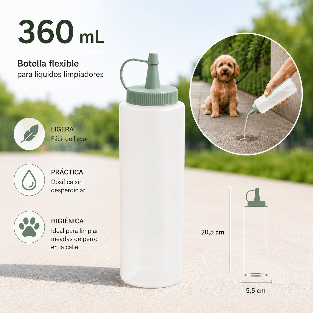 TEMU Botella Flexible 360 ml con Boquilla Dosificadora para Líquidos Limpiadores | Botella para Agua y Limpiador de Orina de Perro | Reutilizable