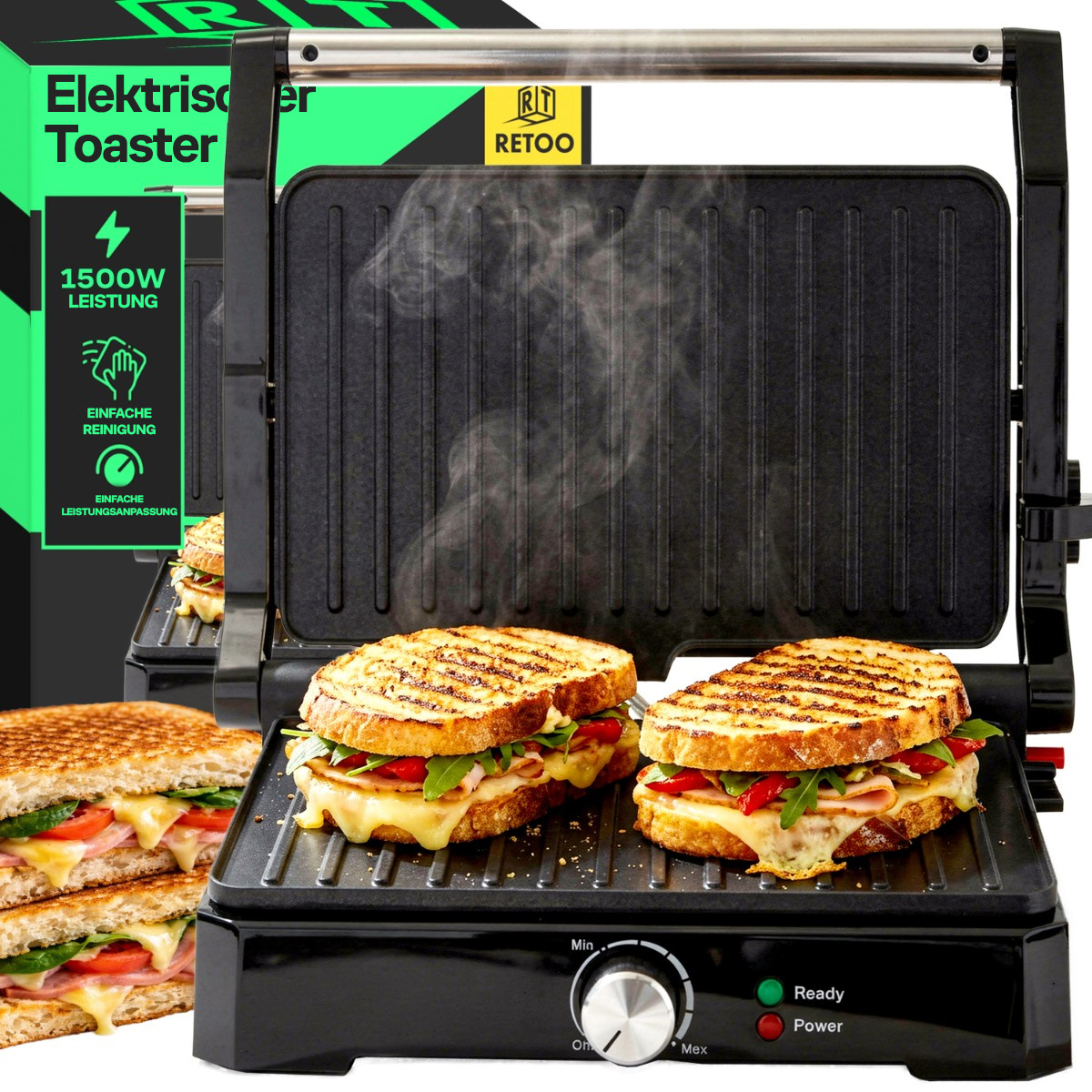 Image of Electric Contact Grill 1500w Foldable 180° Grill Plates 23 × 29 Cm For Panini Toast And Vegetables