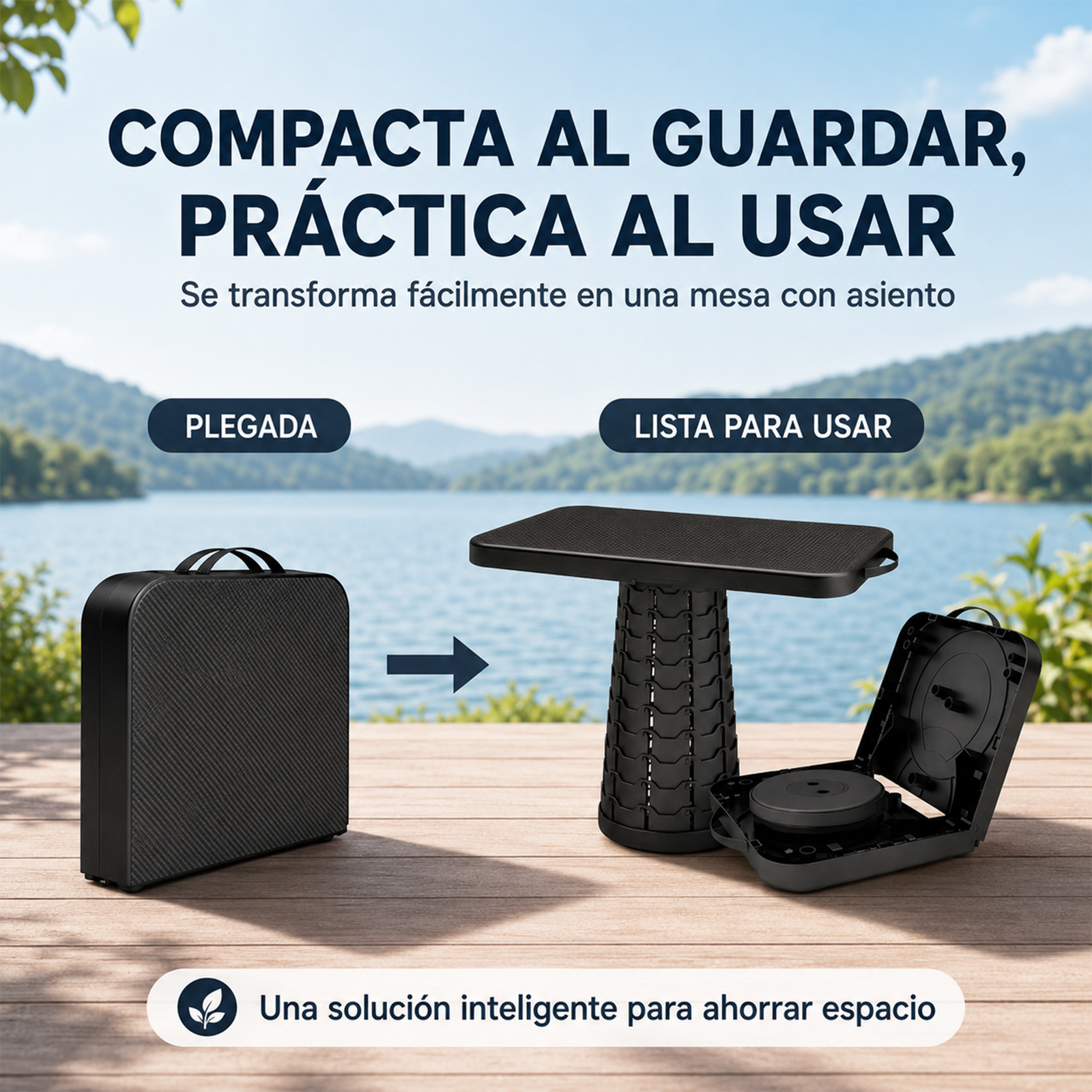 TEMU Mesa y Taburete Plegable Convertible , Mesa Telescópica Portátil Regulable, Bloqueo Giratorio y Carga Máx. de 150 kg, Montaje en 2 , para