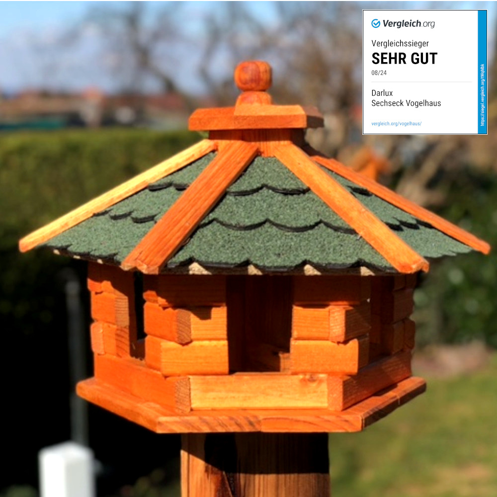 Image of Handcrafted Bird Feeder House M - Outdoor Birdhouse, (lxbxh 43x43x30 Cm), Weatherproof & Winterproof, Wooden Bird Feeding Station For , Hexagonal Birdhouse For Garden, Terrace & Balcony, Brown/ Green