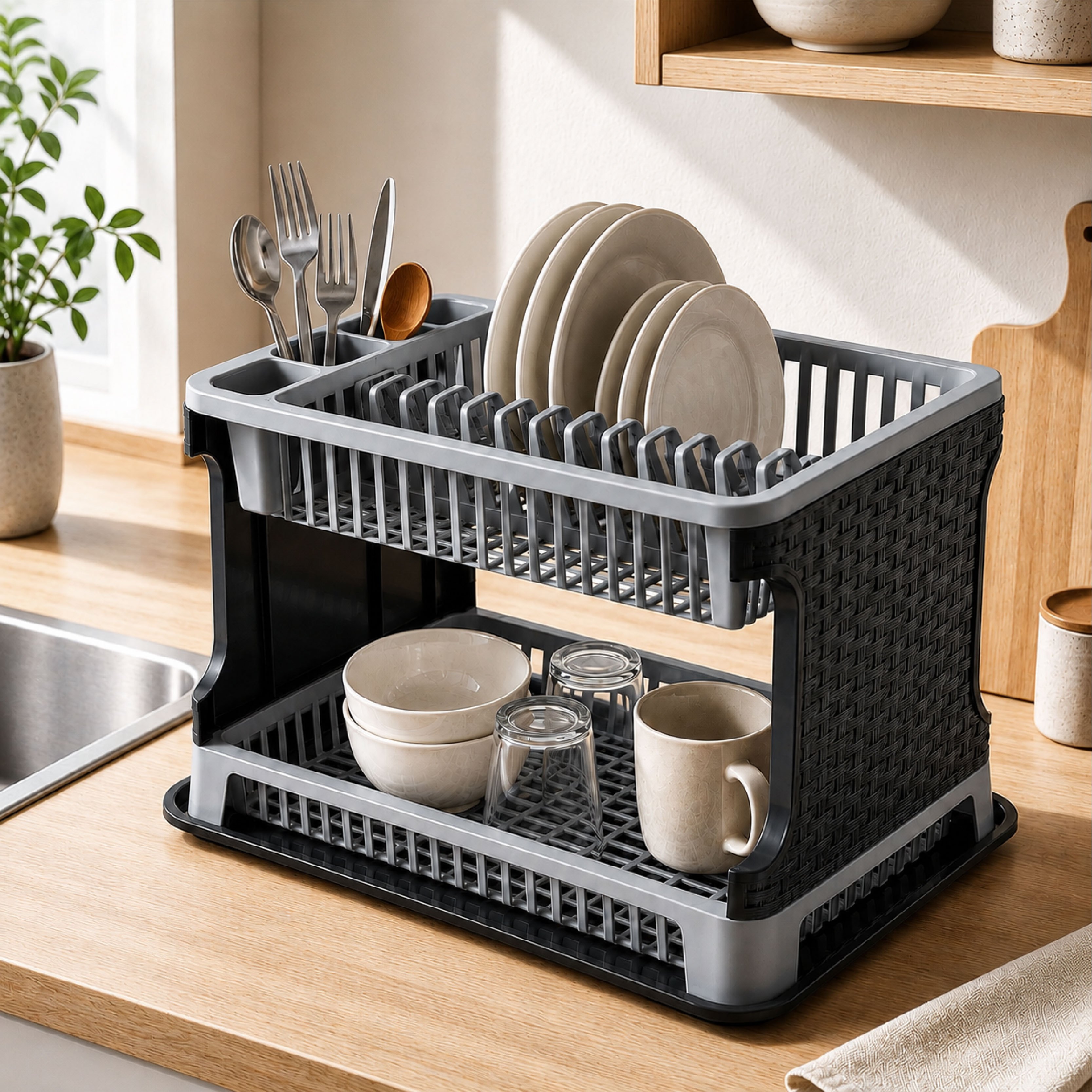 TEMU Escurridor de platos plegable de gran capacidad con bandeja de goteo, secador de platos