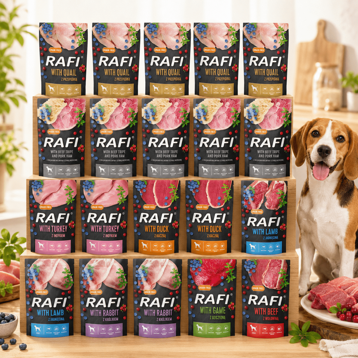Image of Wet Food For Dog Rafi Noteci 20x500g Mix Flavors Set 5 X Quail 5 X Tripe 2 X Turkey 2 X Duck 2x Lamb 2x Rabbit 1x Game Meat 1x Beef