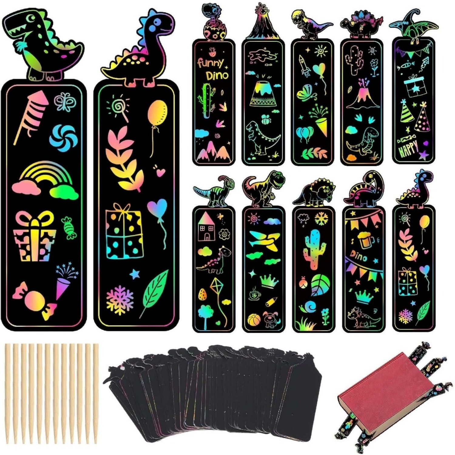 48pcs Of Dinosaur Scratch Pictures Bookmark Set, 12 Creative Designs For Crafting, Decoration, Gift Ideas And Leisure Activities