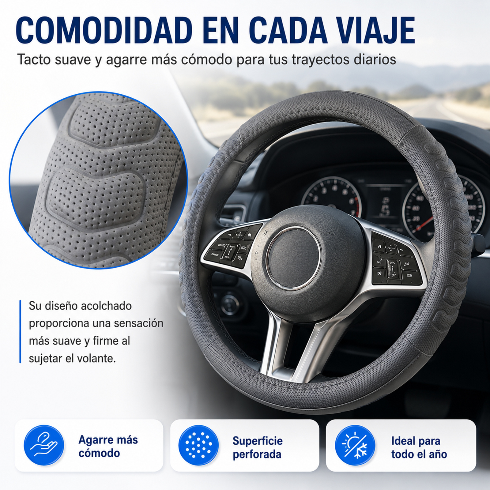 TEMU para Volante de Coche 37–39 cm, Cubrevolante de Cuero Sintético PU Perforado con Antideslizante, Instalación sin Herramientas, Negro, para Uso