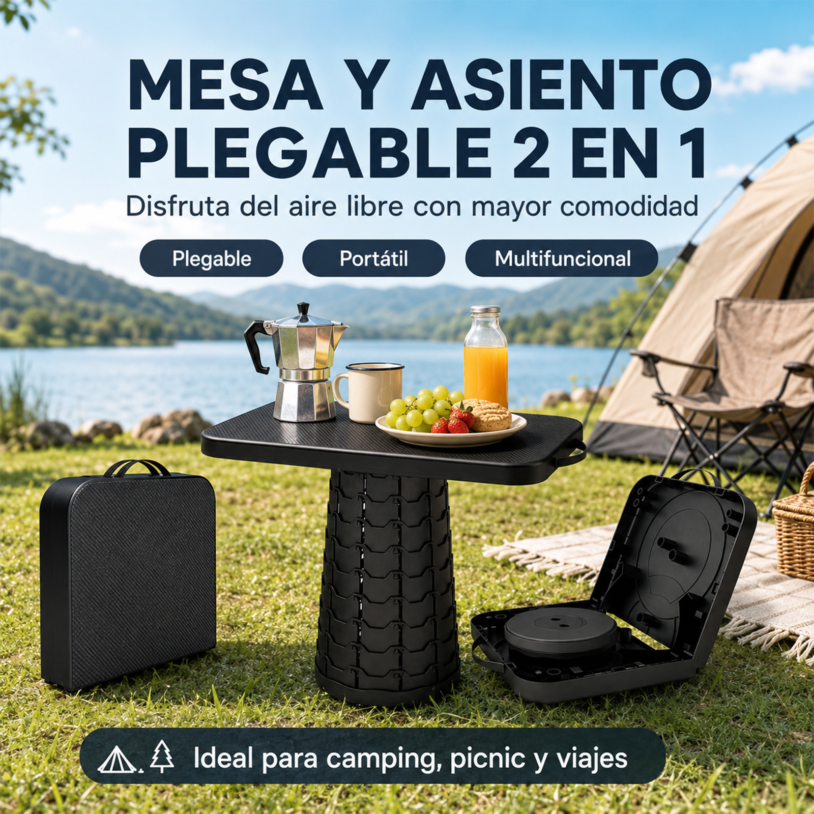 TEMU Mesa y Taburete Plegable Convertible , Mesa Telescópica Portátil Regulable, Bloqueo Giratorio y Carga Máx. de 150 kg, Montaje en 2 , para