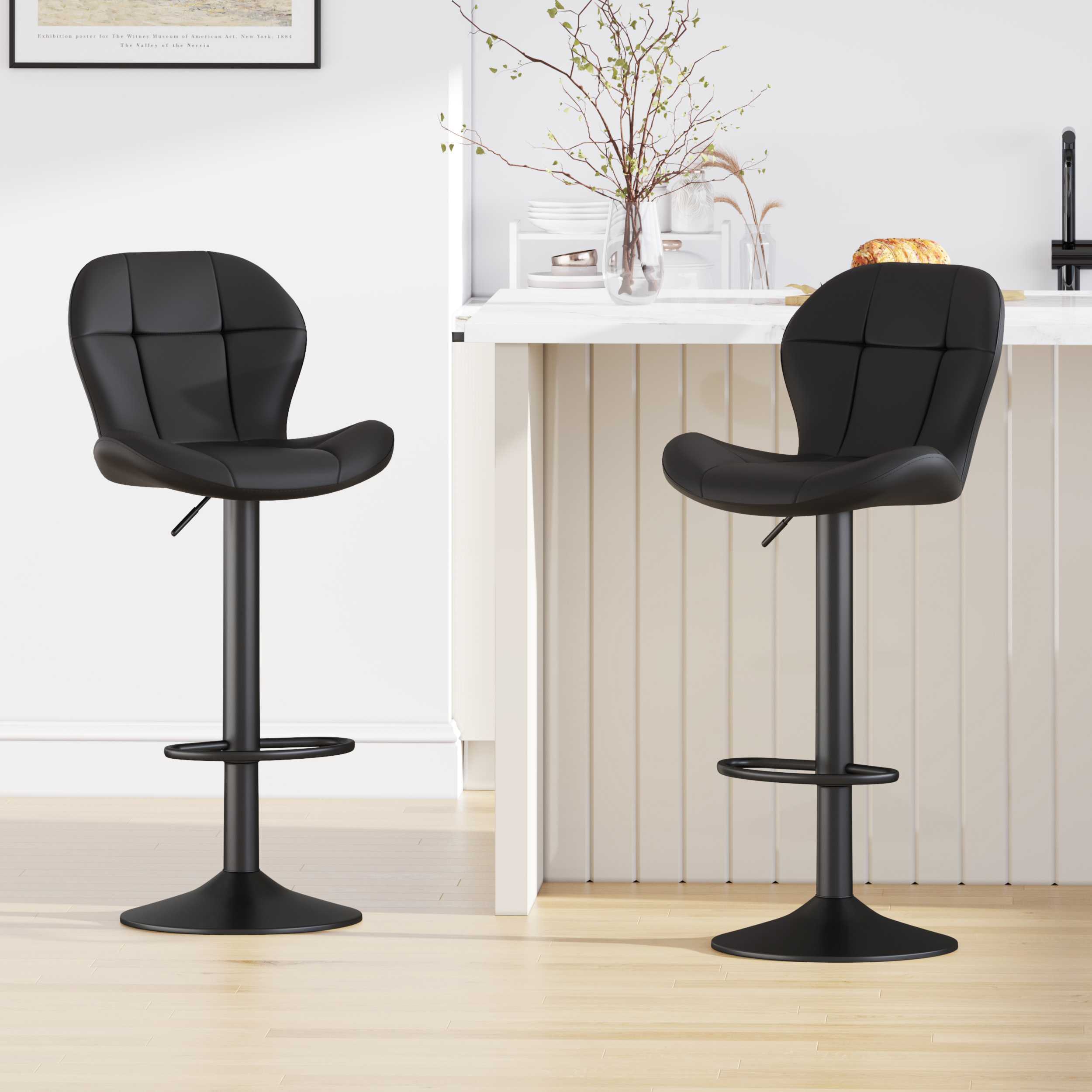 Image of Set Of 2 Bar Stools, Height-adjustable Swivel Stools, Counter Stools With Backrest, Footrest, And Metal Base For Home, Kitchen, And Restaurant