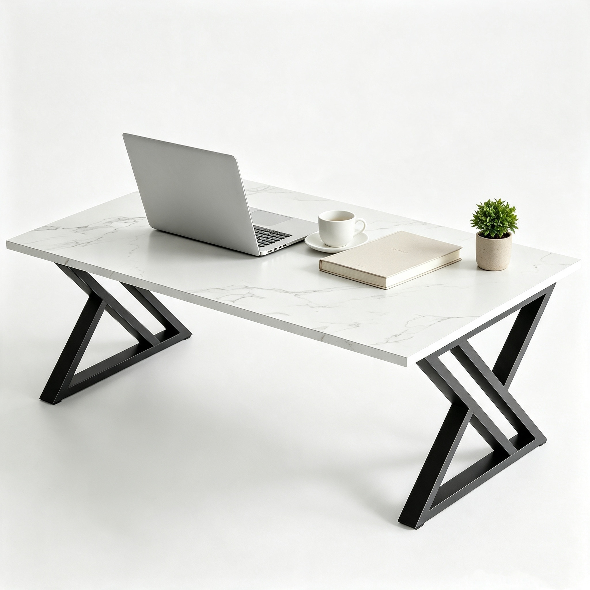 100cm -look Coffee Table, Rectangular With X-shaped Black Metal Legs, Stable Load Capacity Up To 45kg For Living Room & Sofa