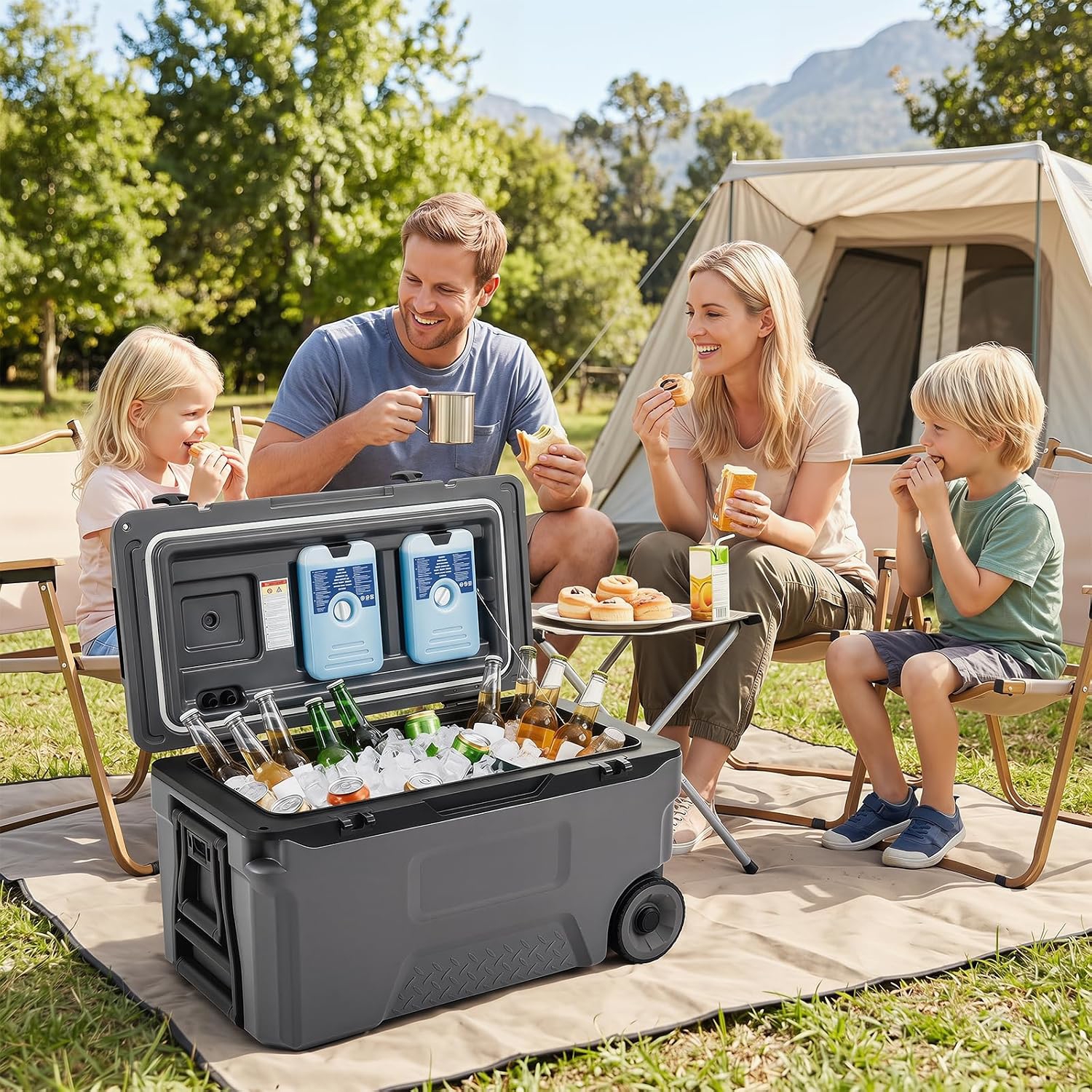 Image of 50 L Insulated Hard Cooler, Portable Rolling Cooler W/ Wheels & Handles, Molded Ice Chest W/ Bottle Opener, Fish Ruler, Phone & Cup Holders, Outdoor Hard Cooler Days For Camping, Fishing, Picnic