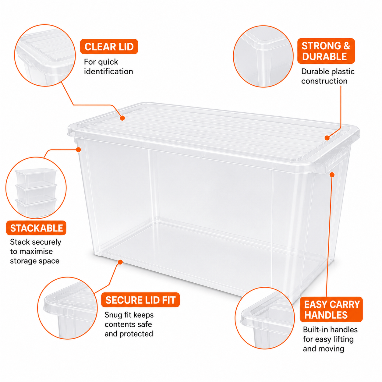 MANODU 110L Plastic Storage Box with Clear Lid, Large Container