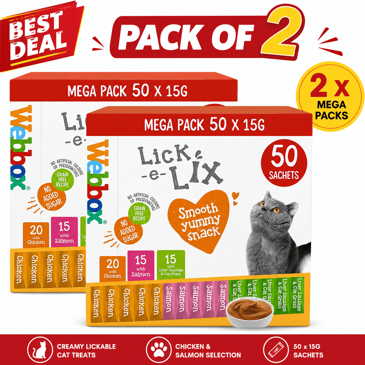 TEMU Webbox Lick- Cat Treat Mega Pack Chicken & Salmon , 50 X 15g (pack Of 2) Creamy Lickable Cat Treats
