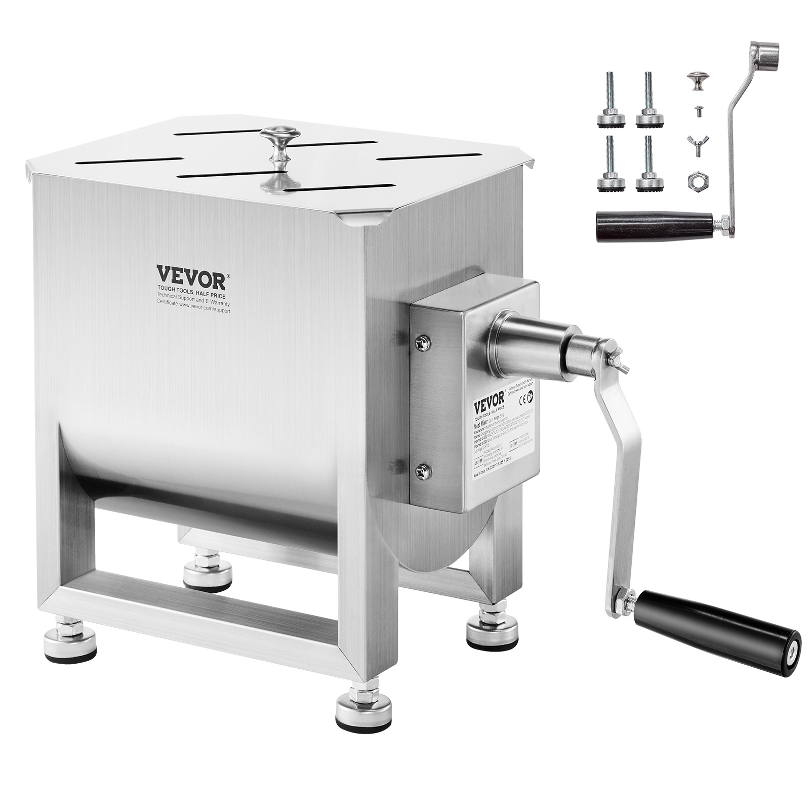 Image of Vevor Manual Meat Mixer, 10l Fixed Tank – Heavy Duty Stainless Mixer For Ground Beef & Sausage, Max 15lb Mixing Meat Capacity, With Gear Box And Lid Handle