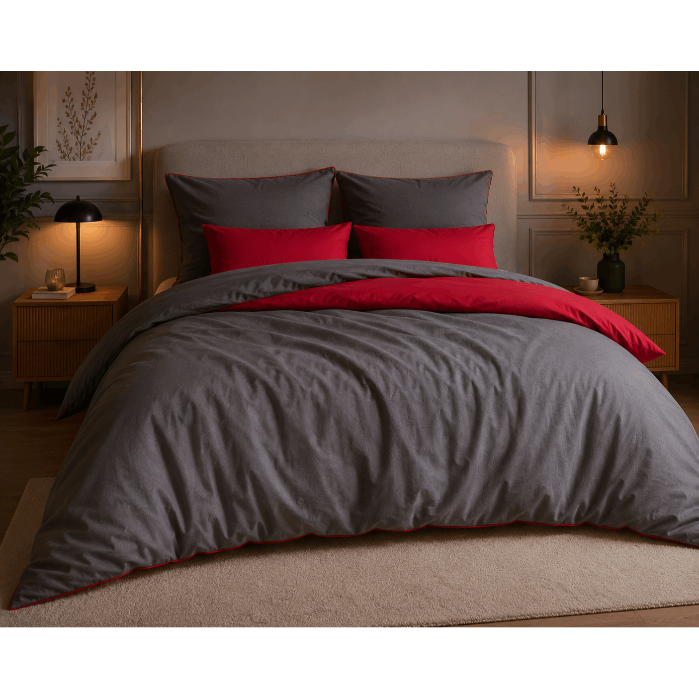 Image of Red/gray Bedding Set 135 × 200 Cm + Pillowcase 40 × 80 Cm – Reversible Microfiber Bedding With Button Closure