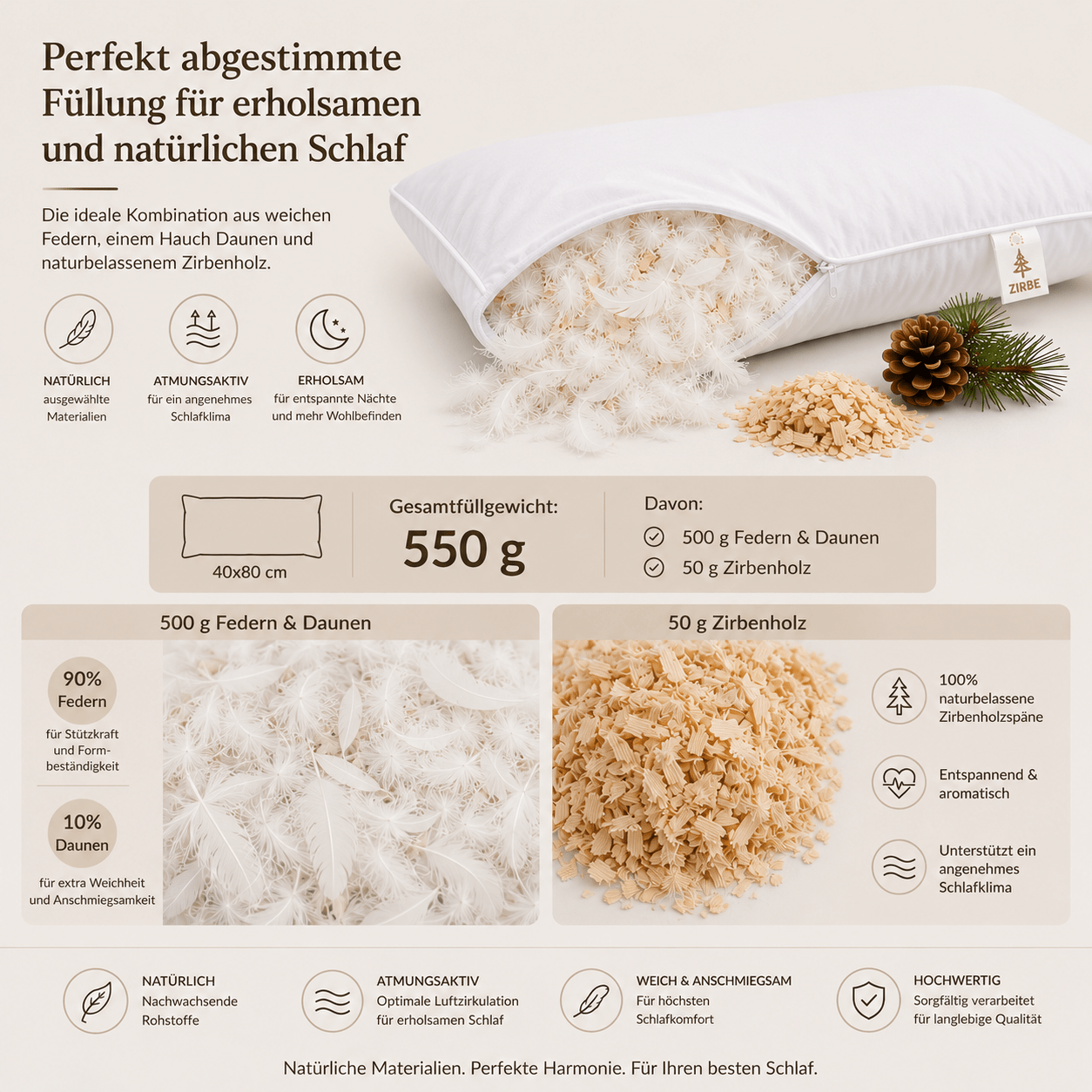 Image of Pine Wood Head Pillow, Feather & Down Pillows With Cotton Cover, Made In Germany, -tex® Certified, Soft & Natural