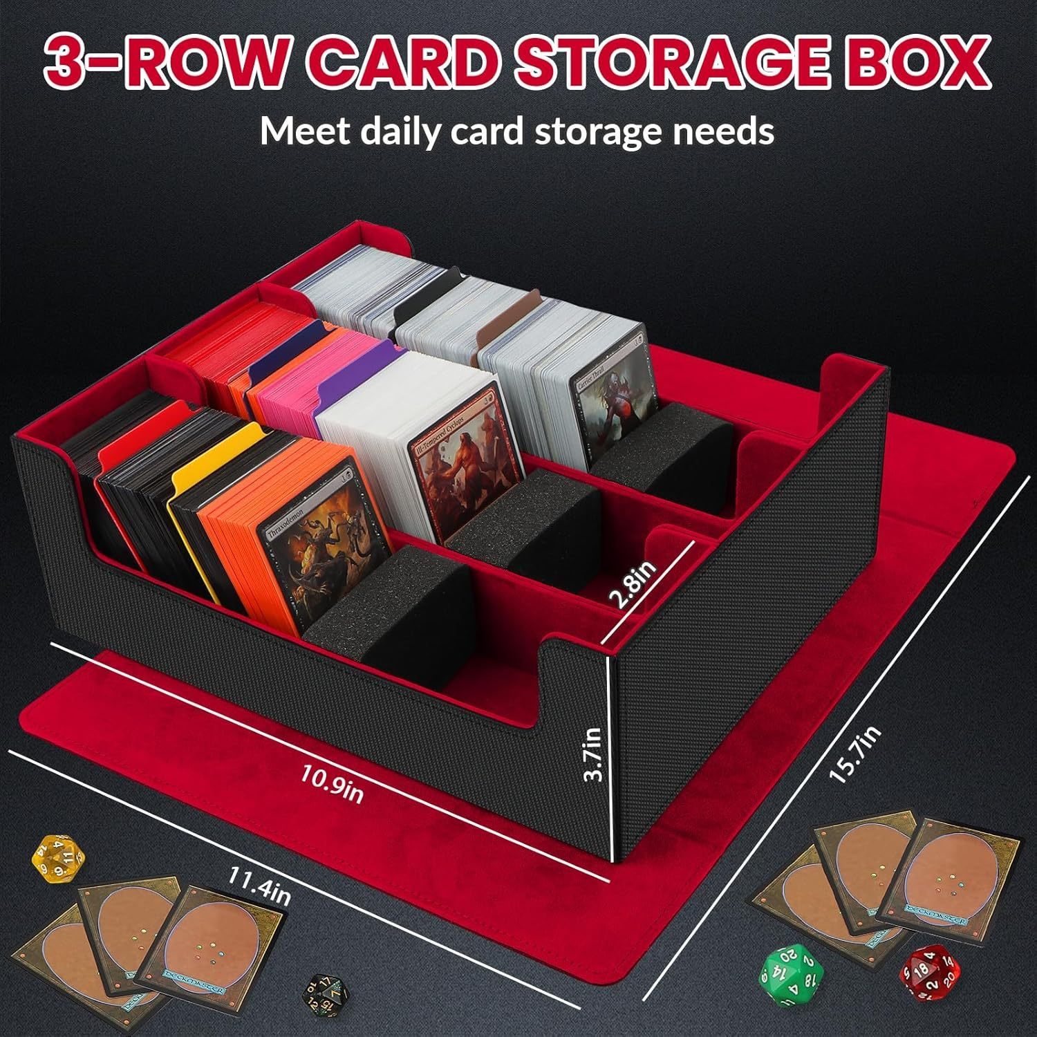 3-row Magnetic Card Box With Playmat Lid, Heavy Duty Trading Card Case Holds 2700+ Sleeved Cards, Waterproof Deck Box For