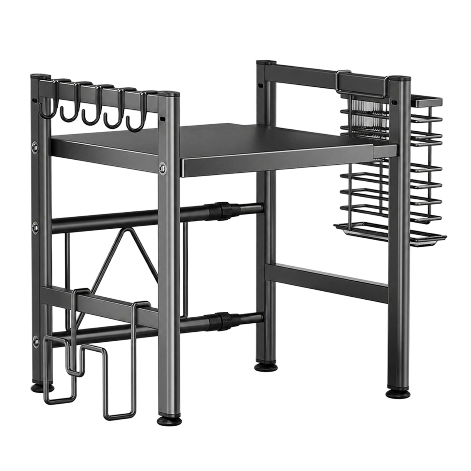 2-tier Microwave Shelf, Kitchen Countertop Rack, Steel – Adjustable Width 39-62 Cm, Height 38-43 Cm, Microwave Shelf With 5 Hooks, Knife Holder, And Cutting Board Stand (black)