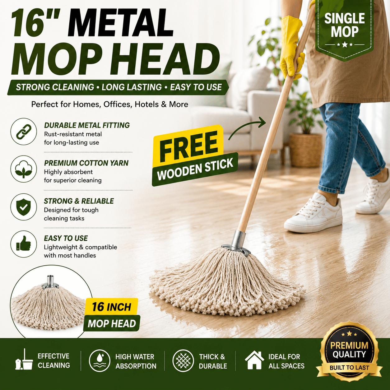 TEMU Cotton Mop Head With Free Stick / 4pcs Replacement Heads, Super Absorbent Self-threading Universal Fit For Floor Cleaning - Ideal For Kitchen,
