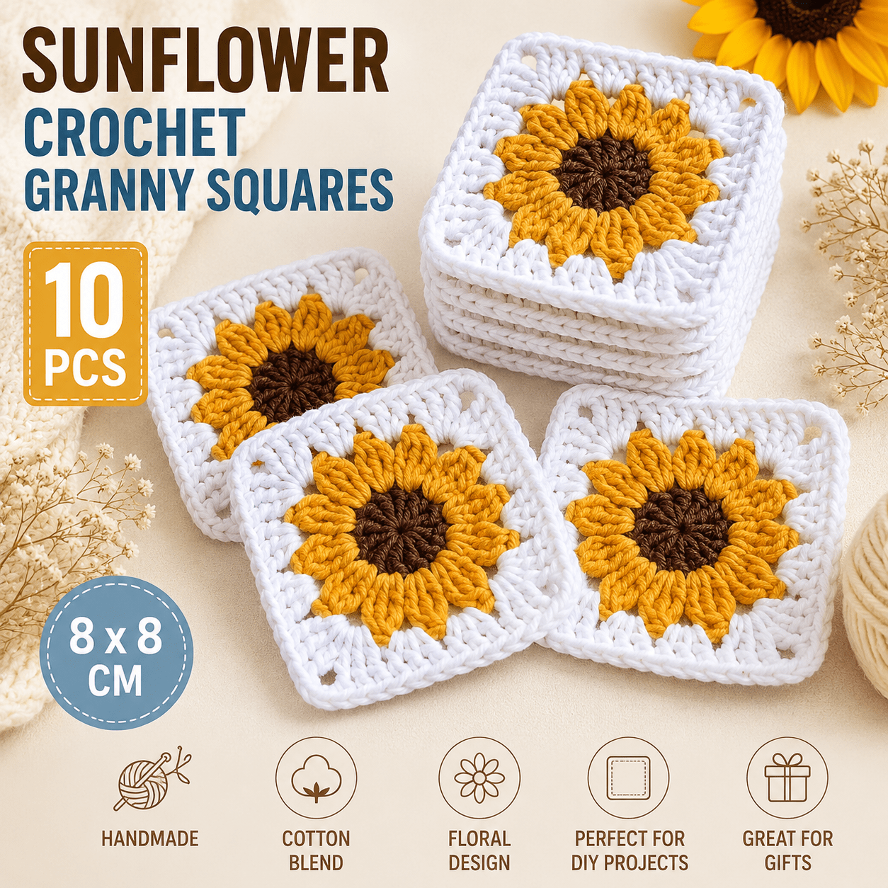 Image of 10pcs Sunflower Crochet Granny Squares 8cm | Handmade Floral For Bags, Cardigans, Blankets, Coasters, Home Decor & Diy Crafts