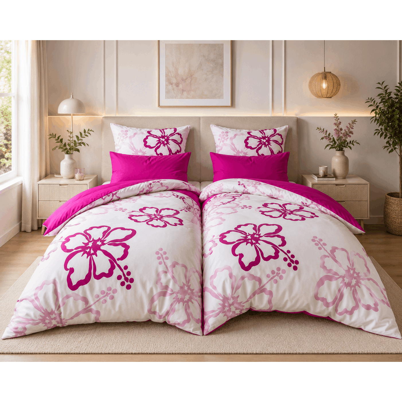 Image of Bedding Set 135 × 200 Cm + 80 × 80 Cm – Pink Floral Reversible Bedding With Button Closure