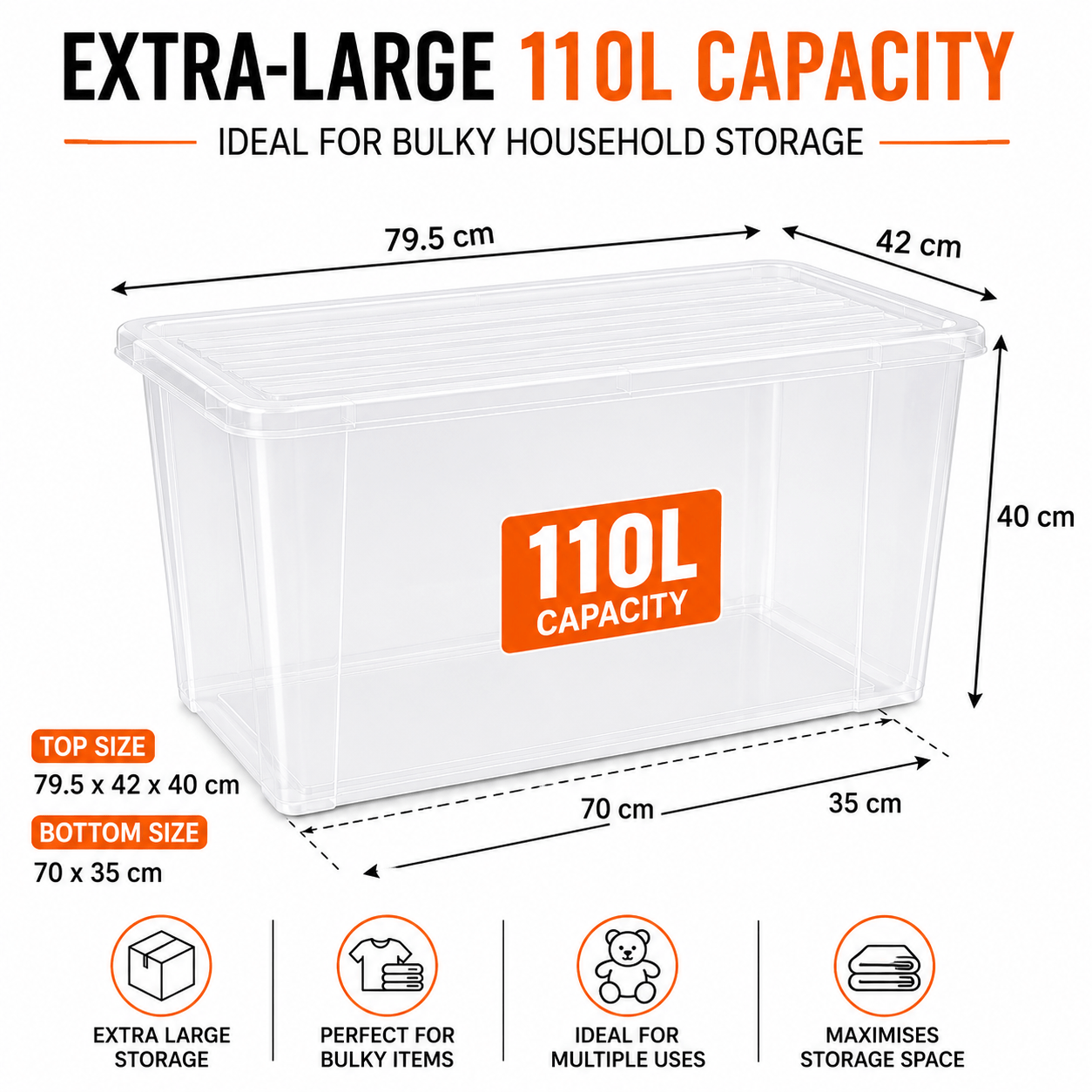 MANODU 110L Plastic Storage Box with Clear Lid, Large Container