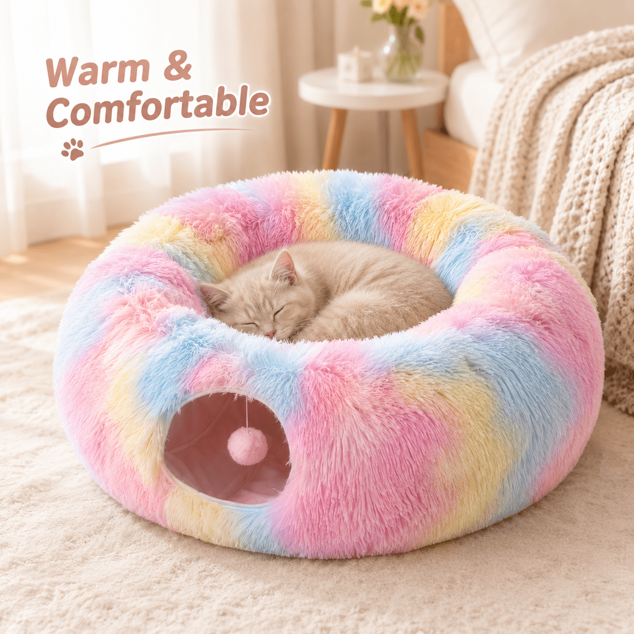 Indoor Cat Tunnel With Cat Round Bed, Multifunctional Foldable Play Tunnel, Cat Playground Toy And Hideout, Portable And Easy To Clean, Fluffy, Suitable For Small Cats