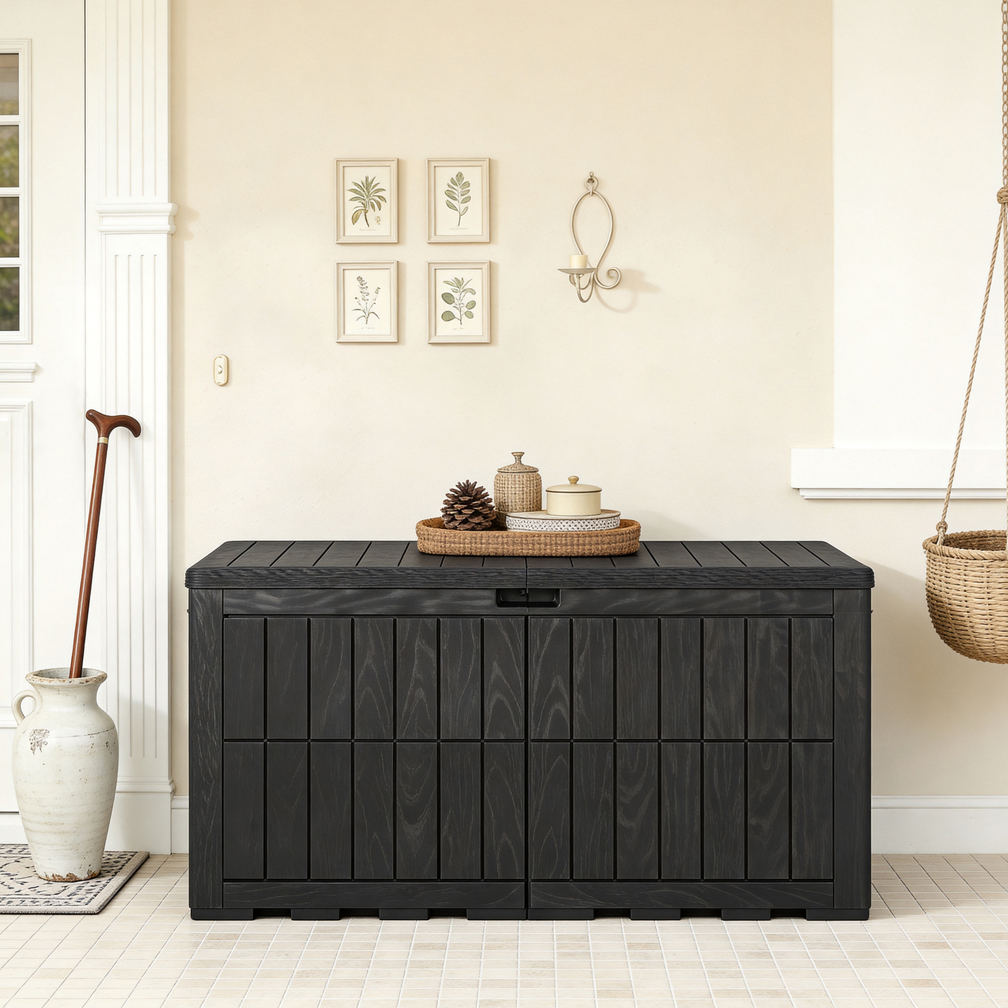 Image of 455 L Outdoor Deck Box, Lockable Storage Bin With Lid And Handles, Sun-protective Modern Patio Bench And Storage Box For Garden Tools, Cushions And Pool Supplies