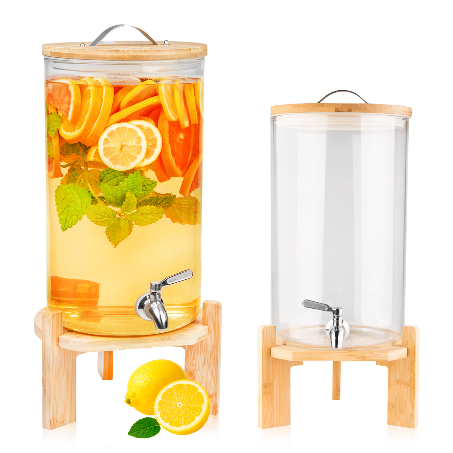 TEMU Bocal en Verre de 10L avec Robinet pour Limonade, Eau et Jus, avec Couvercle en Bambou, Thermomètre et Support