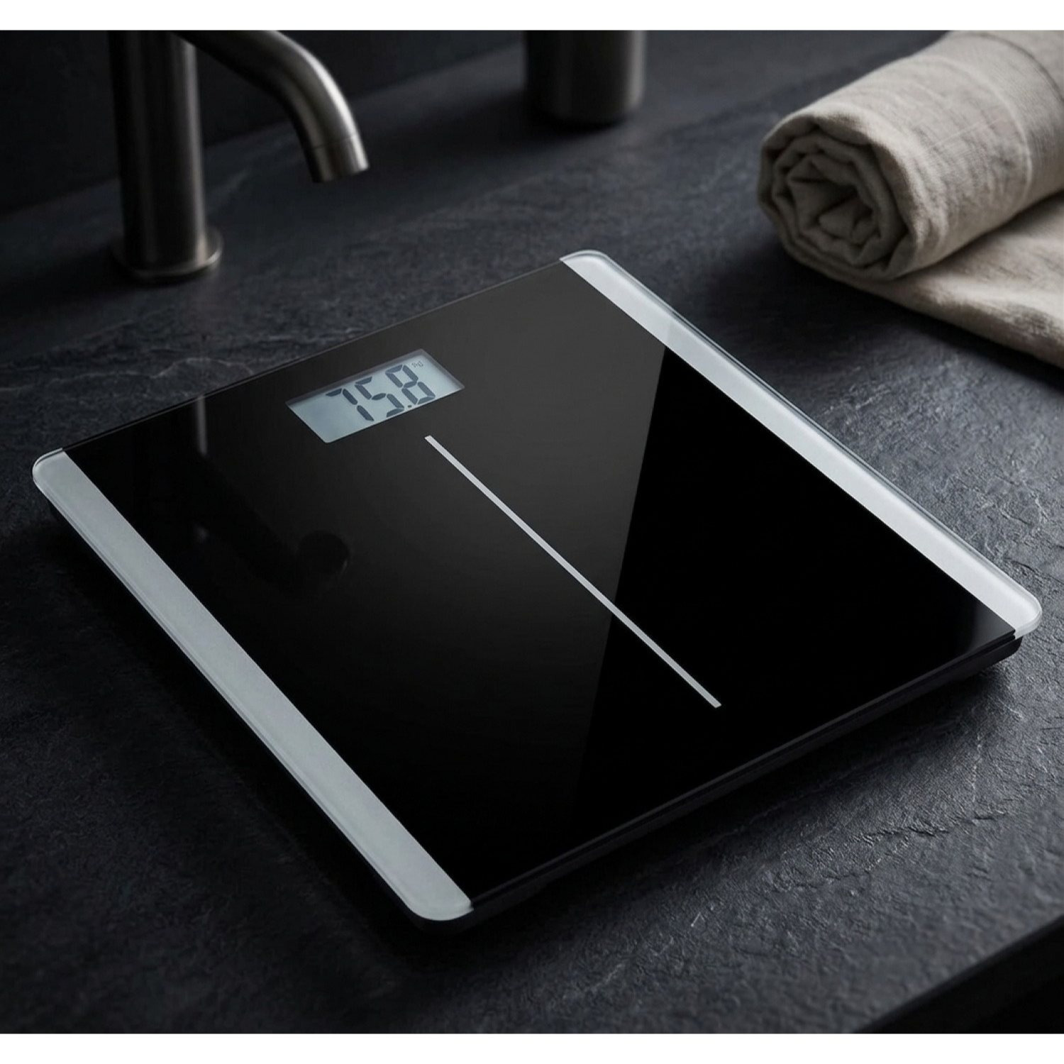 Image of Digital Personal Scale With Clear Lcd Display, Large Step-on Platform, Dms , Body To 180kg, Flat Design, Safety Glass