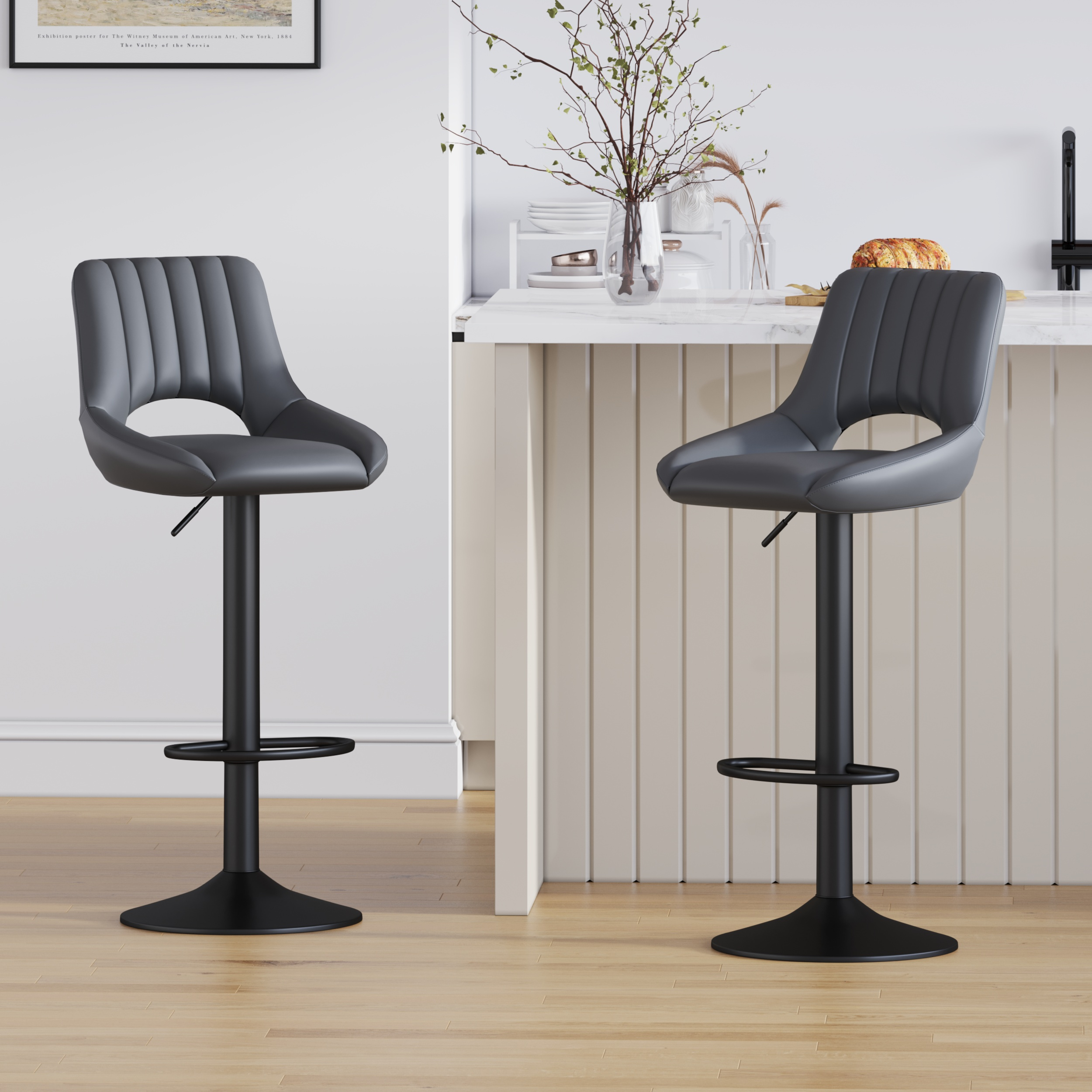 Image of Bar Stool Set With 2pcs, Adjustable Pu Leather Swivel Bar Stool, Modern Reception Chair With Backrest And Footrest, Bar Height Stool Suitable For Office Bar Kitchen Dining Room