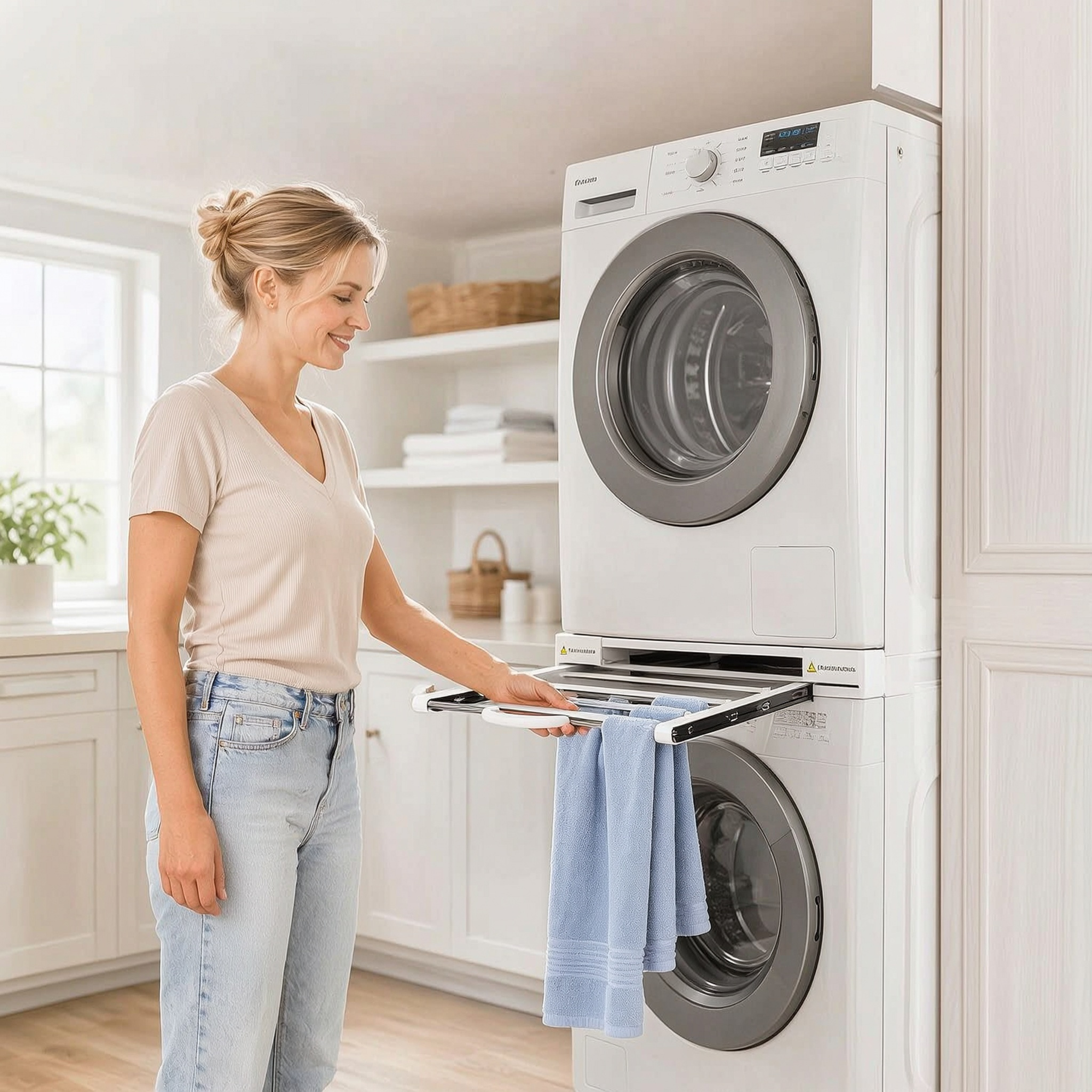 Image of Universal Washer Dryer Stacking Kit With Pull Out Tray & Door Stop, Adjustable 51-76cm Laundry Stack Bracket With Drying Rack For Laundry Basket