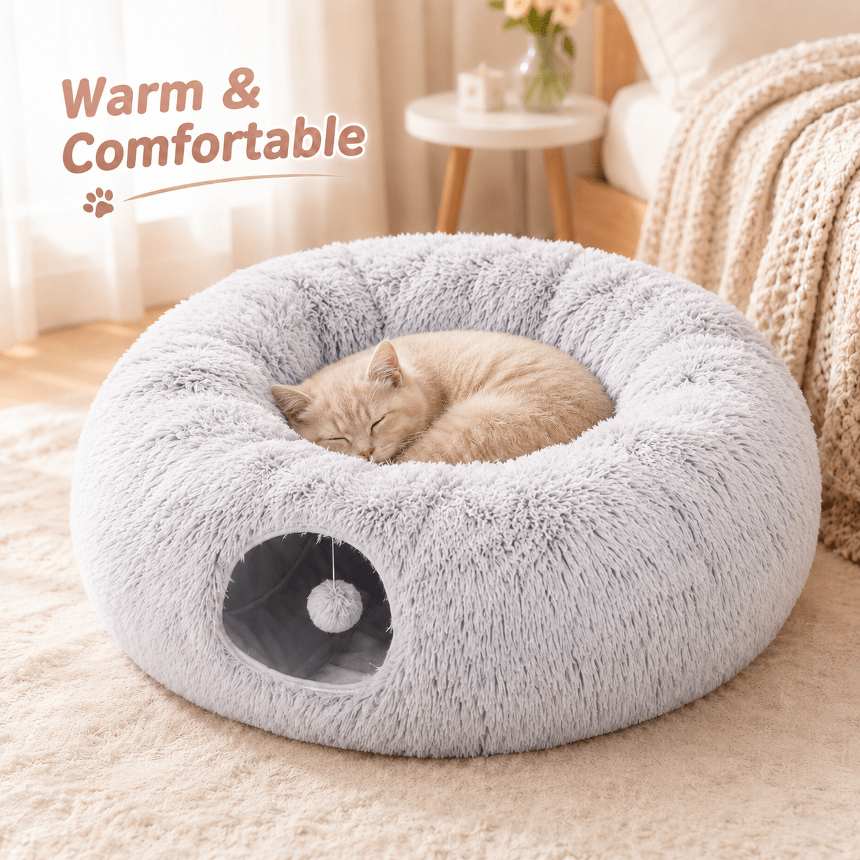Indoor Cat Tunnel With Cat Round Bed, Multifunctional Foldable Play Tunnel, Cat Playground Toy And Hideout, Portable And Easy To Clean, Fluffy, Suitable For Small Cats