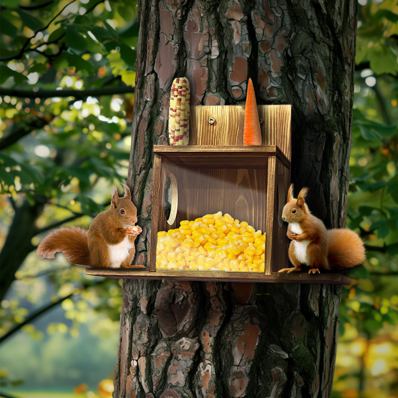 Image of Wood Squirrel House & Wild Bird Feeder - Double Feeding Ports With Detachable Roof, Transparent Acrylic Window, Outdoor Wildlife Station For Squirrels, Durable Wood